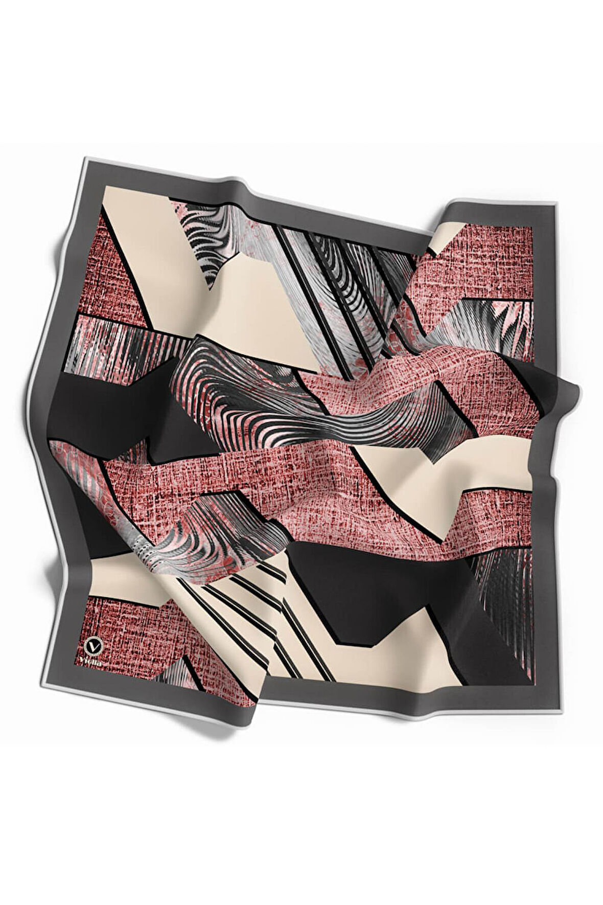 Twill Dalgalı Geometrik Desenli Pudra Renkli 90x90 Eşarp (İpek İçermez) Kenar Dikiş Şekli El Dikişli