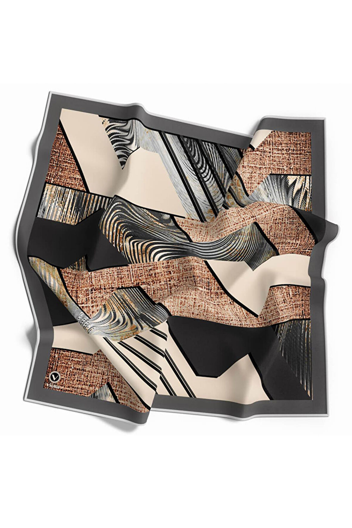 Twill Dalgalı Geometrik Desenli Gri Renkli 90x90 Eşarp (İpek İçermez) Kenar Dikiş Şekli El Dikişli