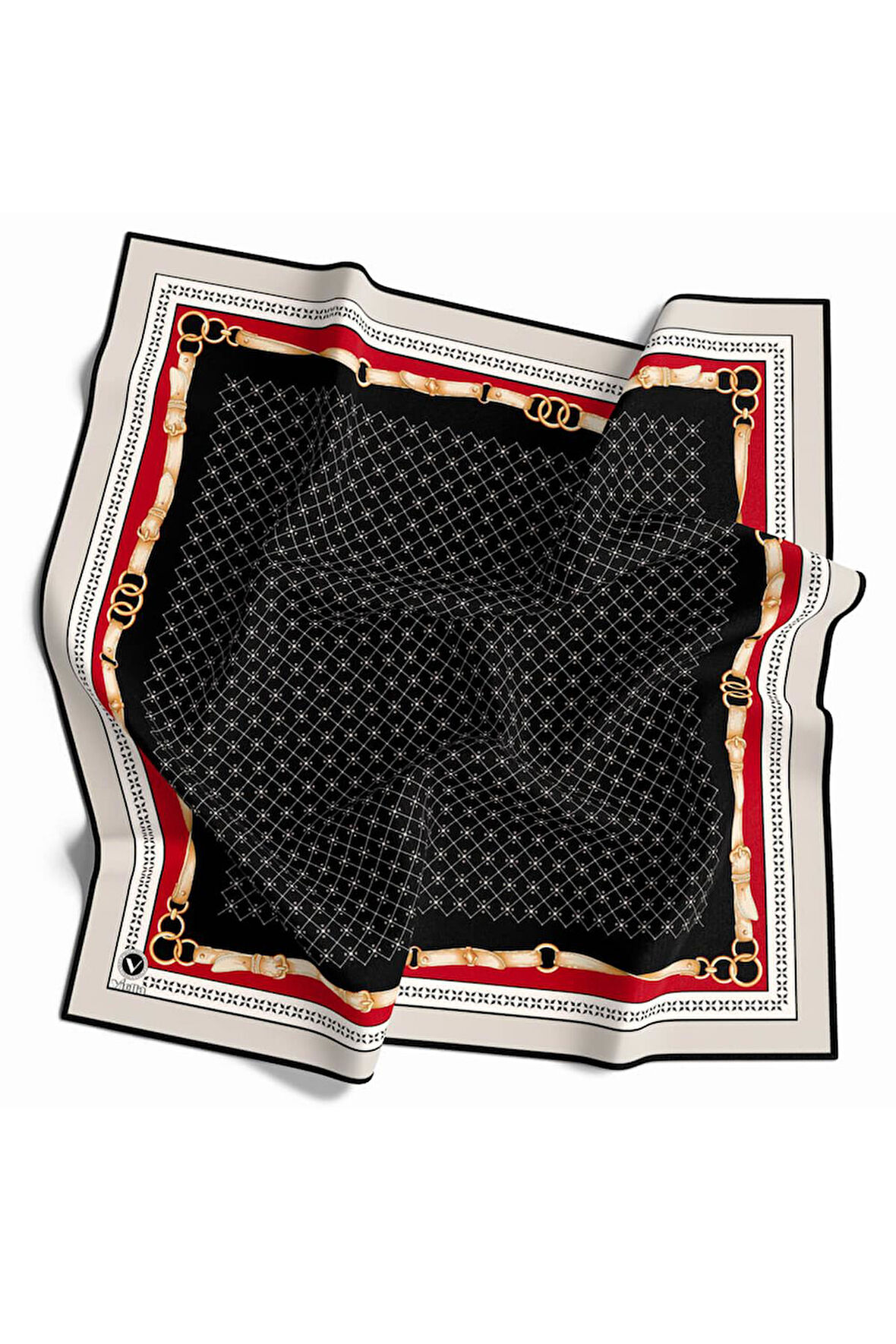 Twill Kemerli ve Çıtır Motifli Desenli Siyah Renkli 90x90 Eşarp (İpek İçermez) Dikim Şekli : El Dikişi