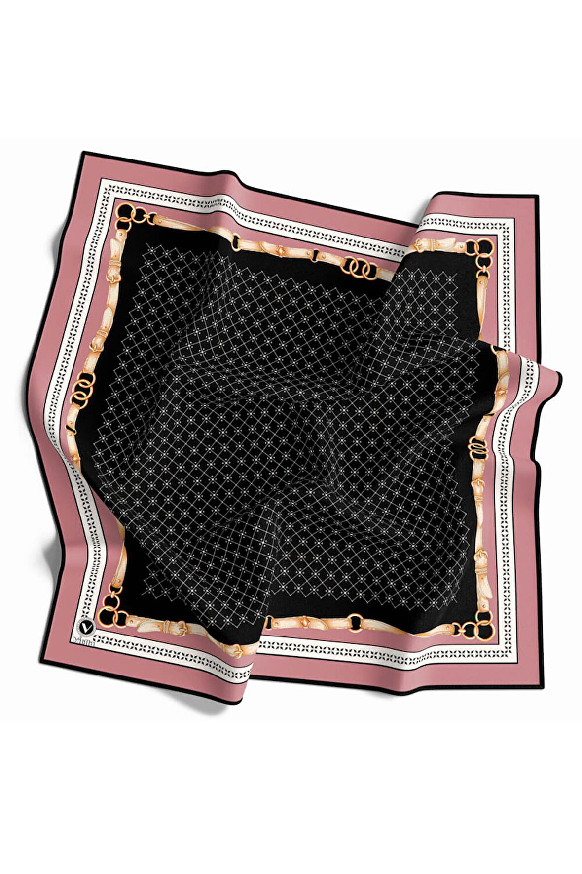 Twill Kemerli ve Çıtır Motifli Desenli Pudra Renkli 90x90 Eşarp (İpek İçermez) Dikim Şekli : El Dikişi