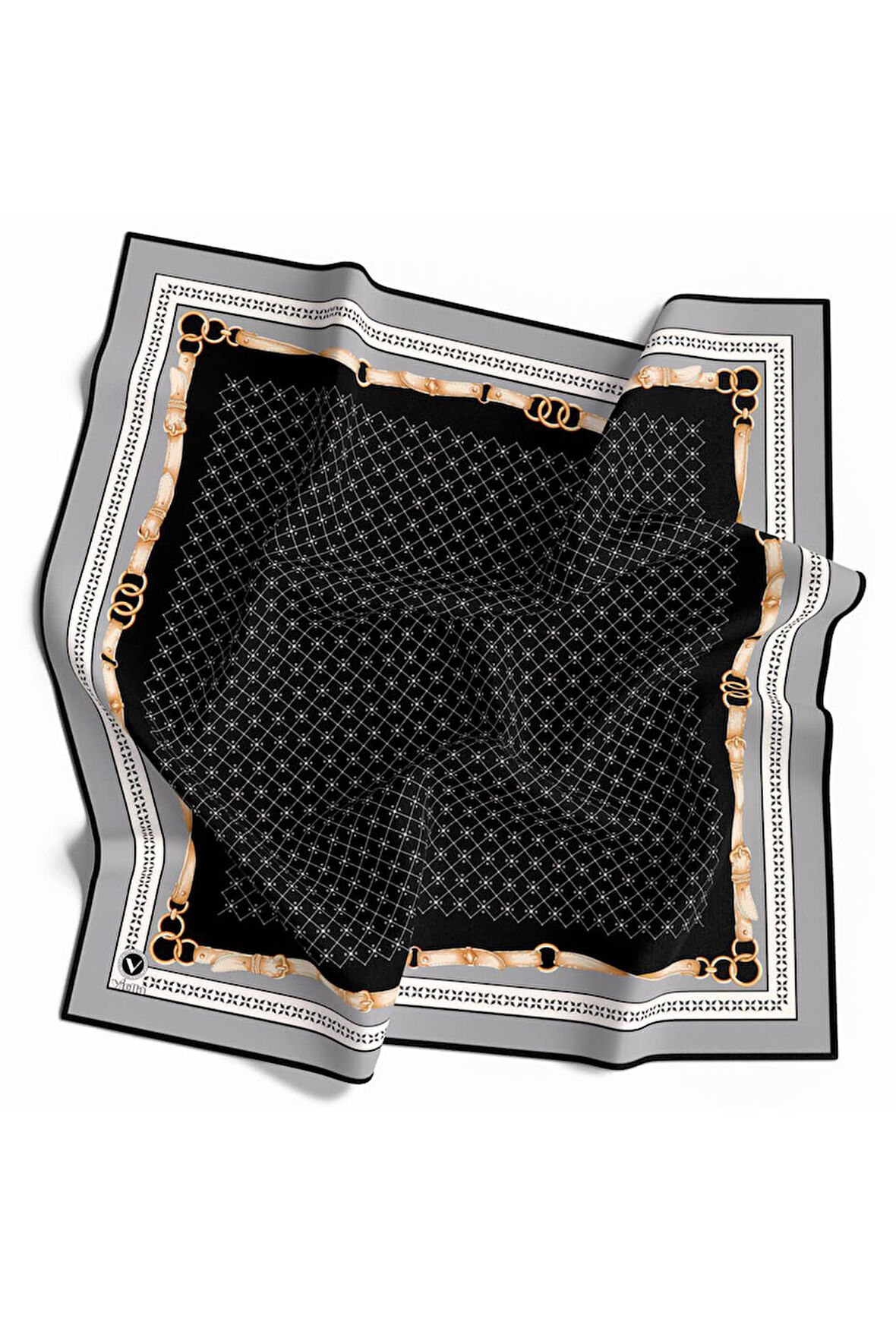 Twill Kemerli ve Çıtır Motifli Desenli Gri Renkli 90x90 Eşarp (İpek İçermez) Dikim Şekli : El Dikişi