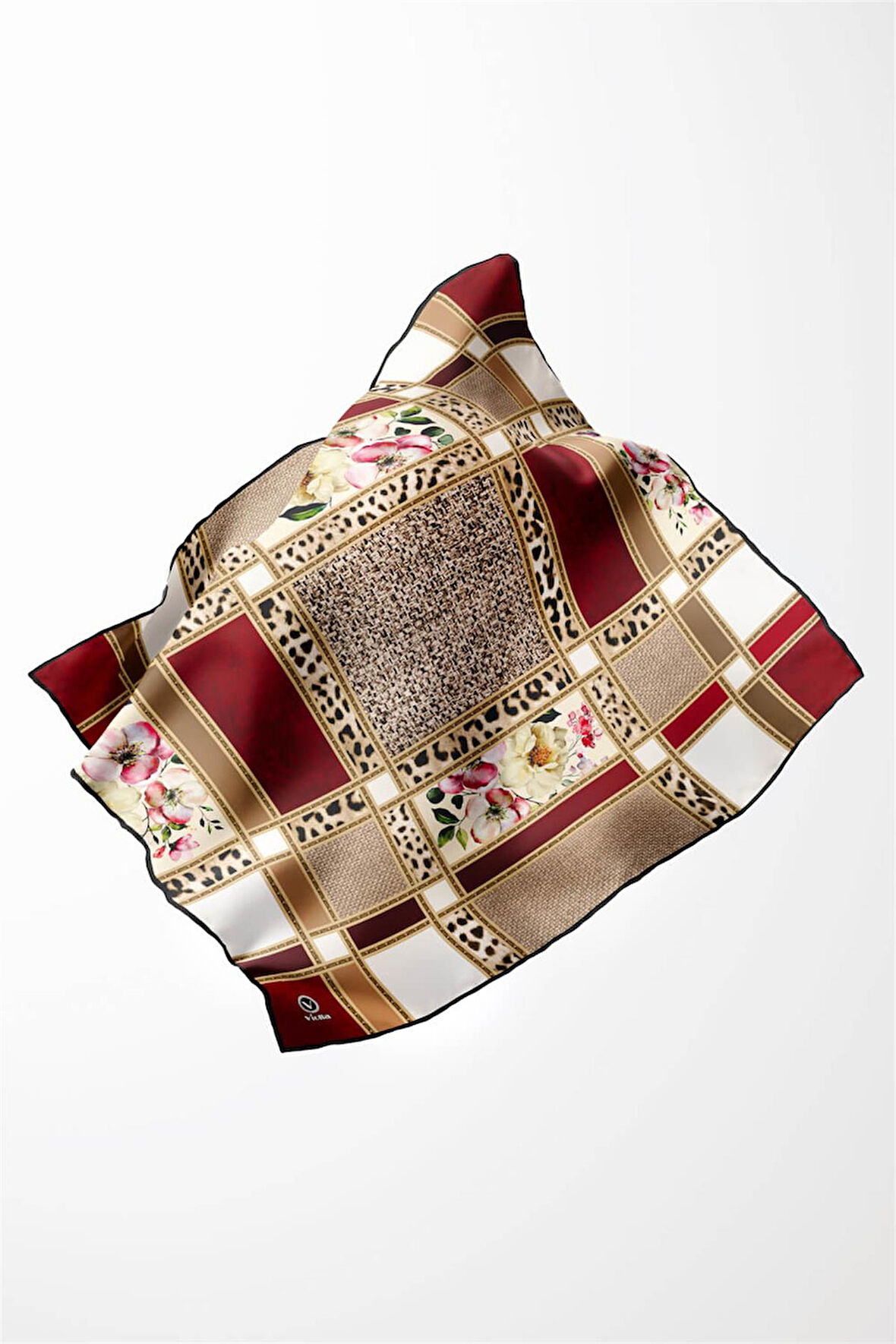Twill Leopar ve Çiçek Desenli Bordo - Bej Renkli 90x90 Eşarp (İpek İçermez) Dikim Şekli : El Dikişi