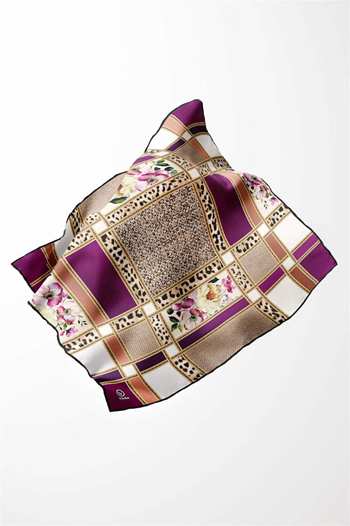 Twill Leopar ve Çiçek Desenli Mürdüm - Bej  Renkli 90x90 Eşarp (İpek İçermez) Dikim Şekli : El Dikişi