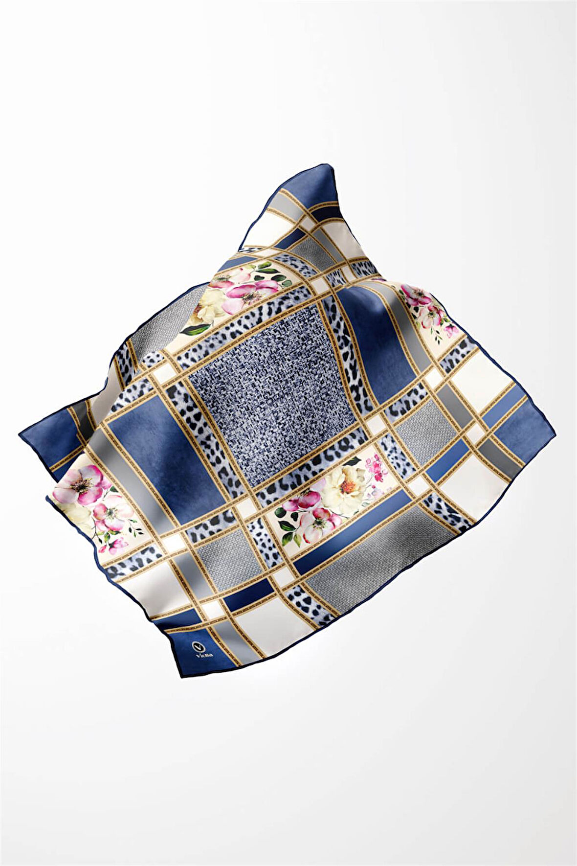 Twill Leopar ve Çiçek Desenli İndigo - Gri Renkli 90x90 Eşarp (İpek İçermez) Dikim Şekli : El Dikişi