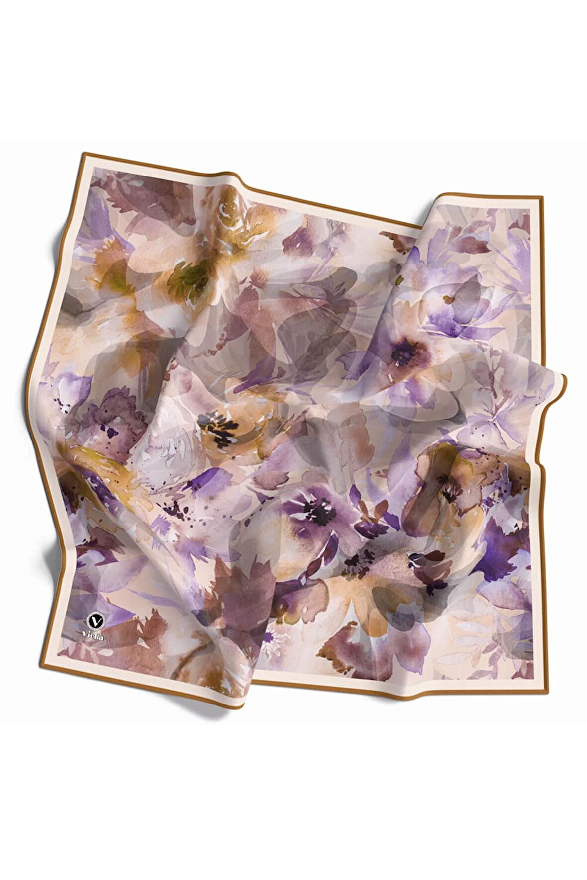 Rayon Çiçek Desenli Hardal Renkli 90x90 Eşarp (İpek İçermez) Dikim Şekli : El Dikişi