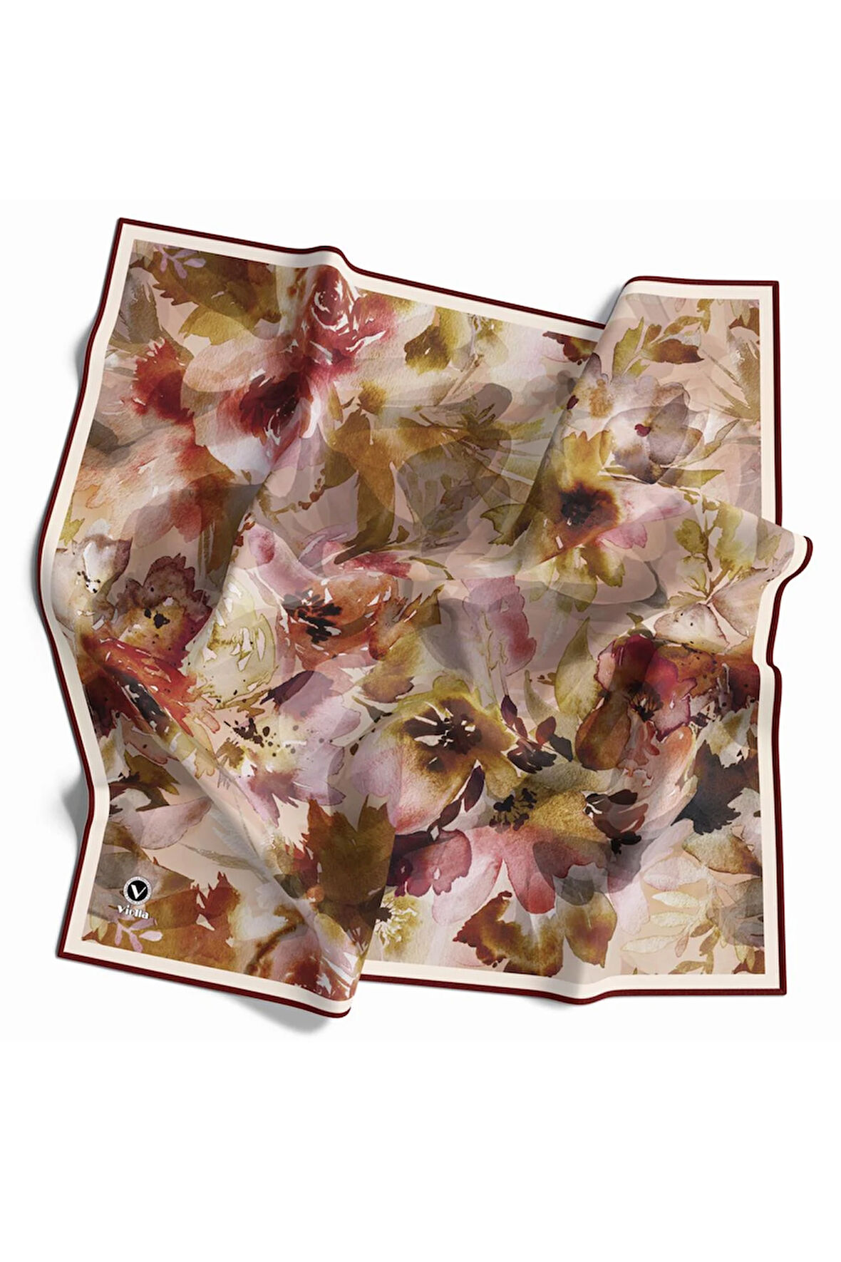 Rayon Çiçek Desenli Bordo Renkli 90x90 Eşarp (İpek İçermez) Dikim Şekli : El Dikişi