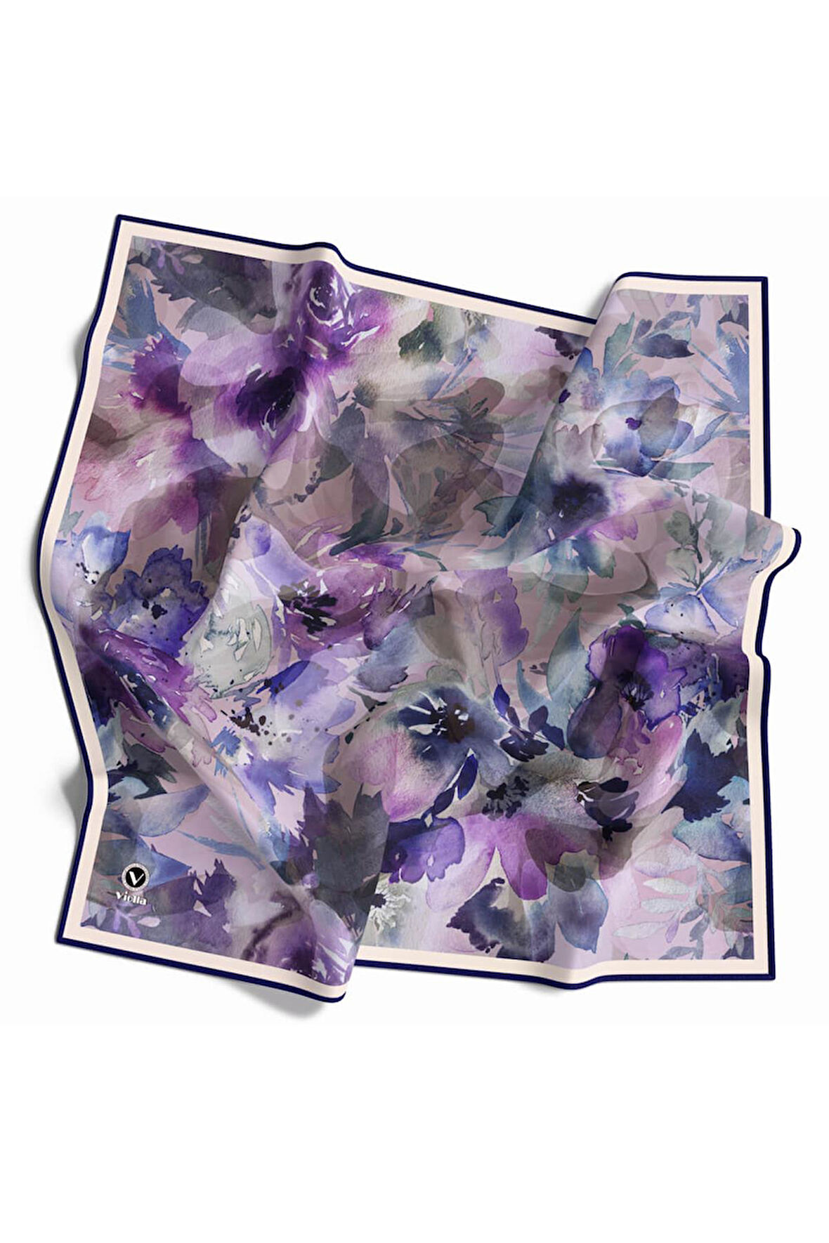 Rayon Çiçek Desenli Lacivert Renkli 90x90 Eşarp (İpek İçermez) Dikim Şekli : El Dikişi