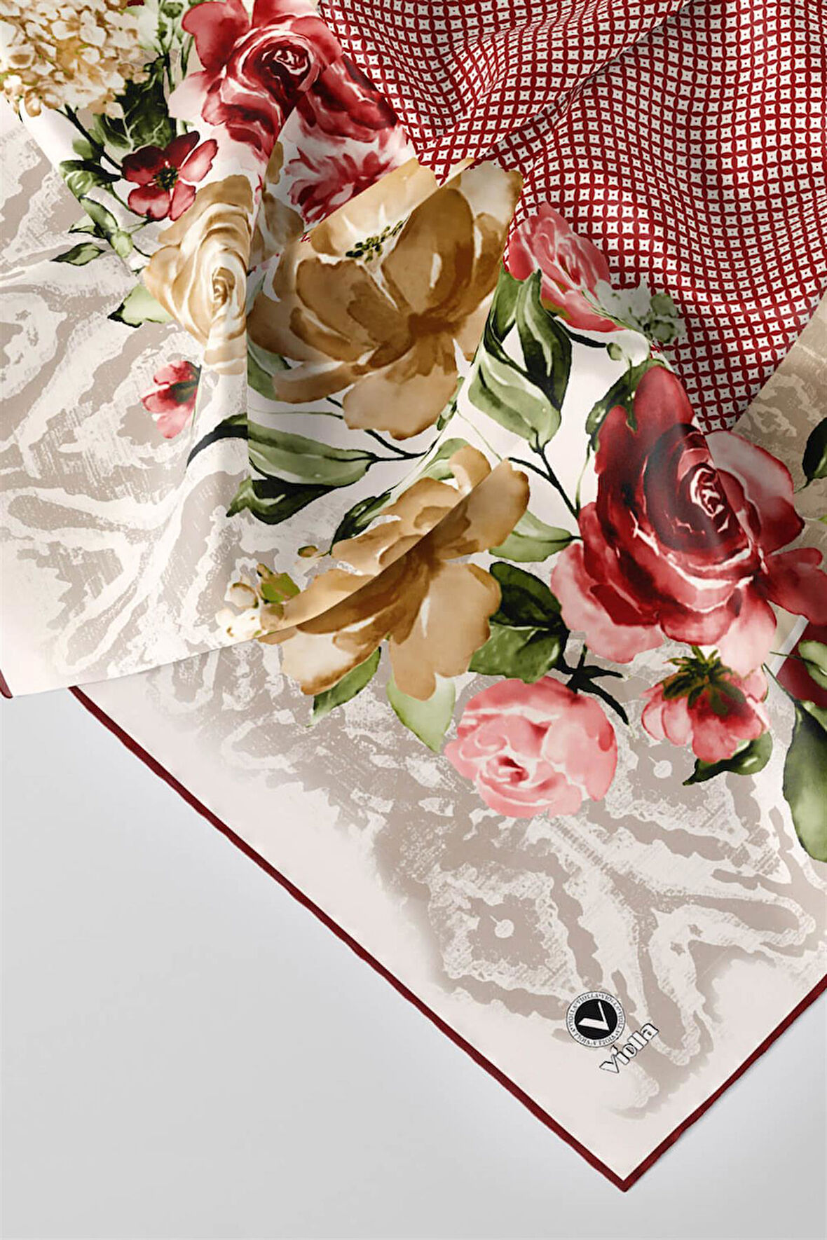 Twill Çiçek Desenli Bordo Renkli 90x90 Eşarp (İpek İçermez) Kenar Dikiş Şekli El Dikişli