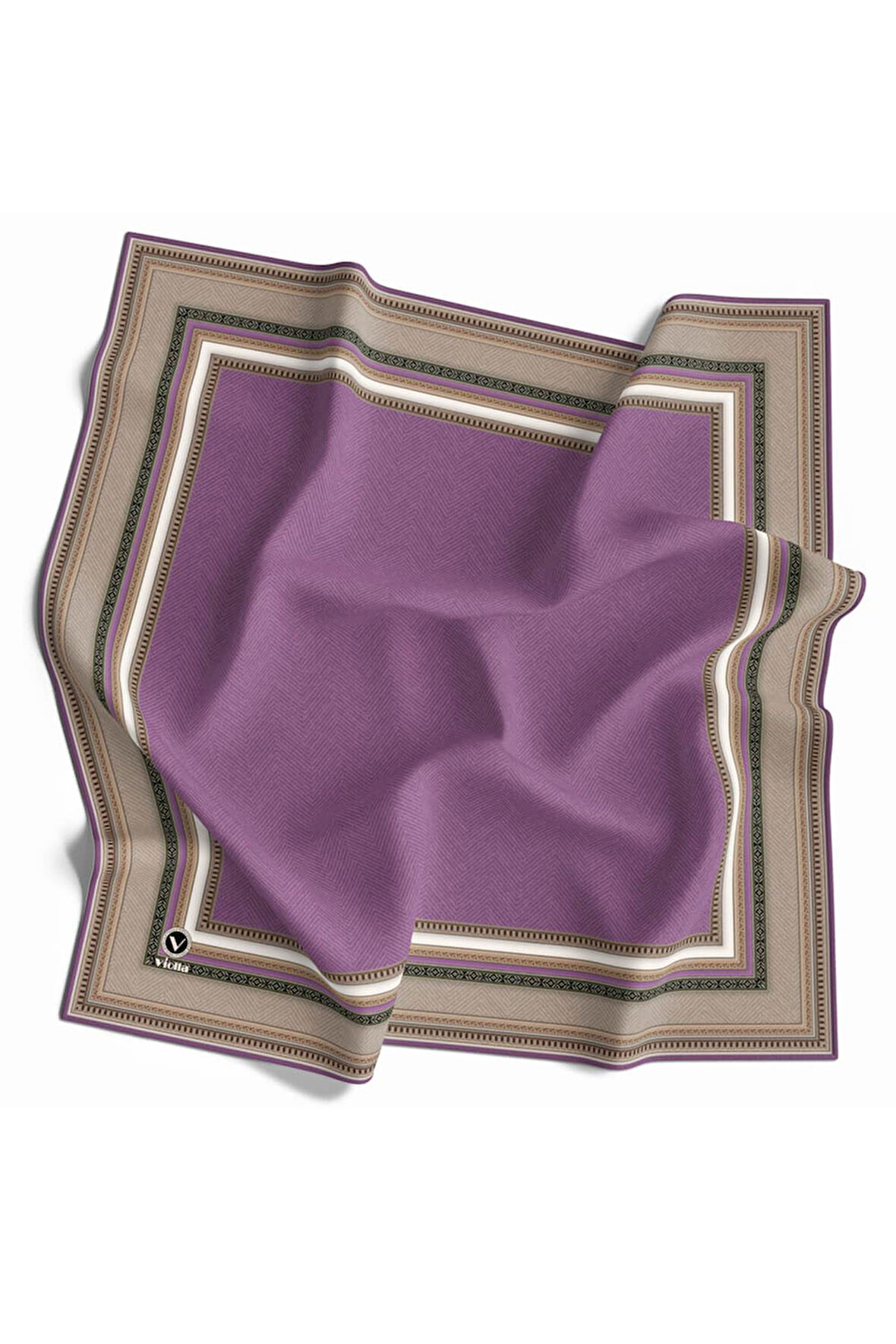 Twill Bordür Desenli Lila Renkli 90x90 Eşarp (İpek İçermez) Kenar Dikiş Şekli El Dikişli