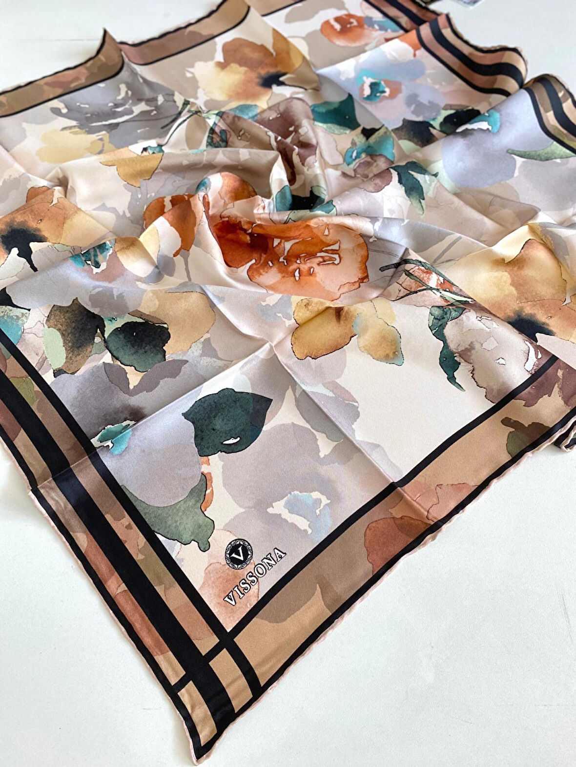 Vissona Tivil İpek Eşarp 17343-1-0005-0013 Siyah Karışık Desen