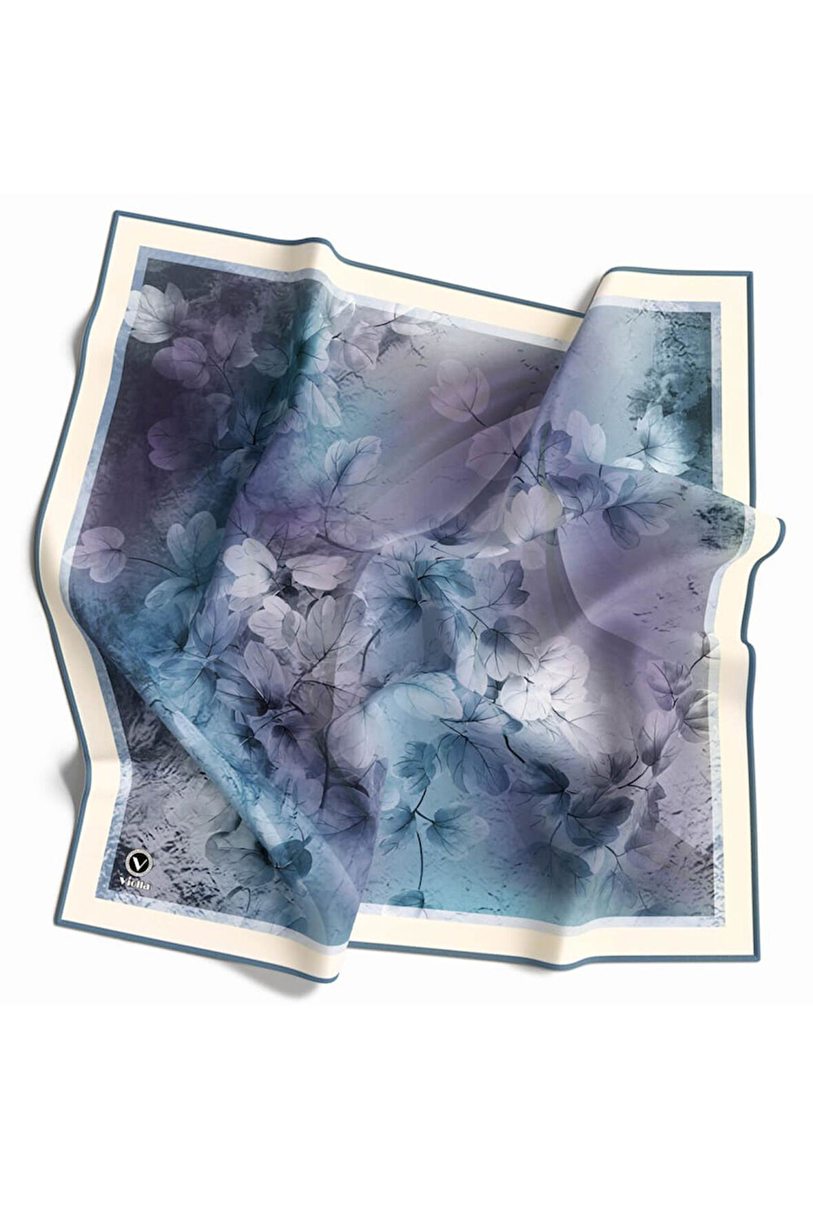 Kristal Batik Çiçek Desenli İndigo Renkli 90x90 Eşarp (İpek İçermez) Kenar Dikiş Şekli El Dikişli