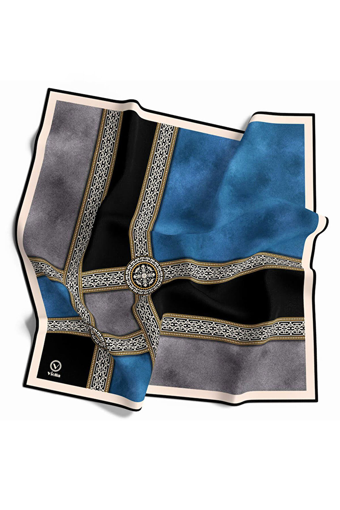 Twill Geometrik Desenli Turkuaz Renkli 90x90 Eşarp (İpek İçermez) Kenar Dikiş Şekli El Dikişli