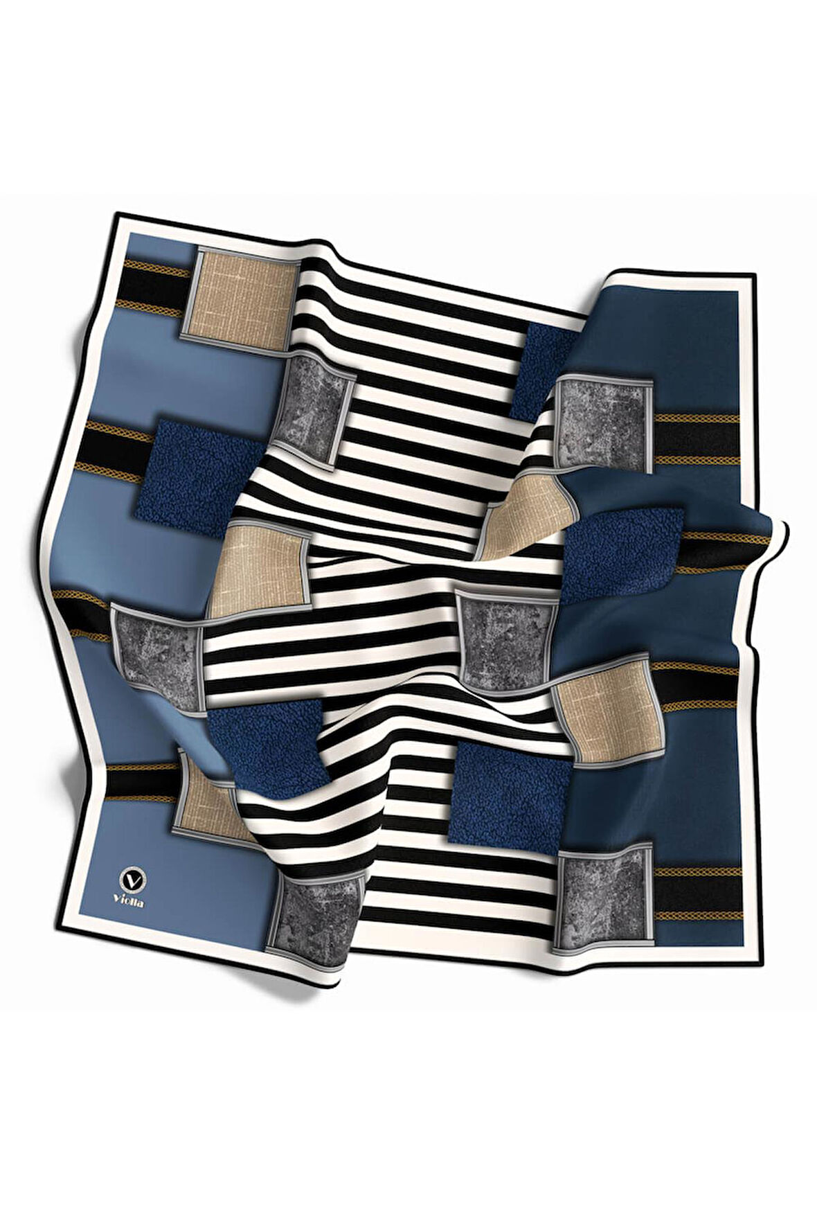 Twill Geometrik Ve Çizgili Desenli İndigo Renkli 90x90 Eşarp (İpek İçermez) Dikim Şekli : El Dikişi