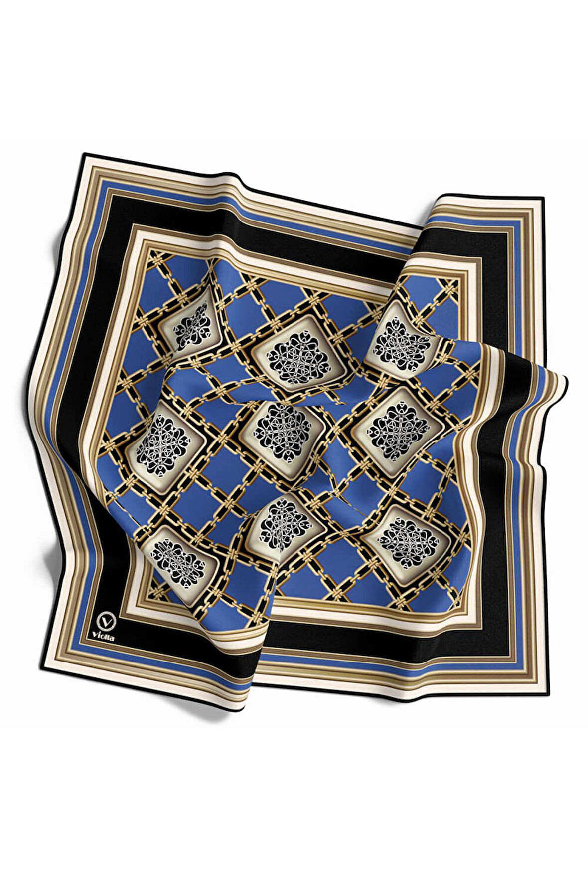 Twill Geometrik Ve Zincirli Desenli İndigo Renkli 90x90 Eşarp (İpek İçermez) Dikim Şekli : El Dikişi