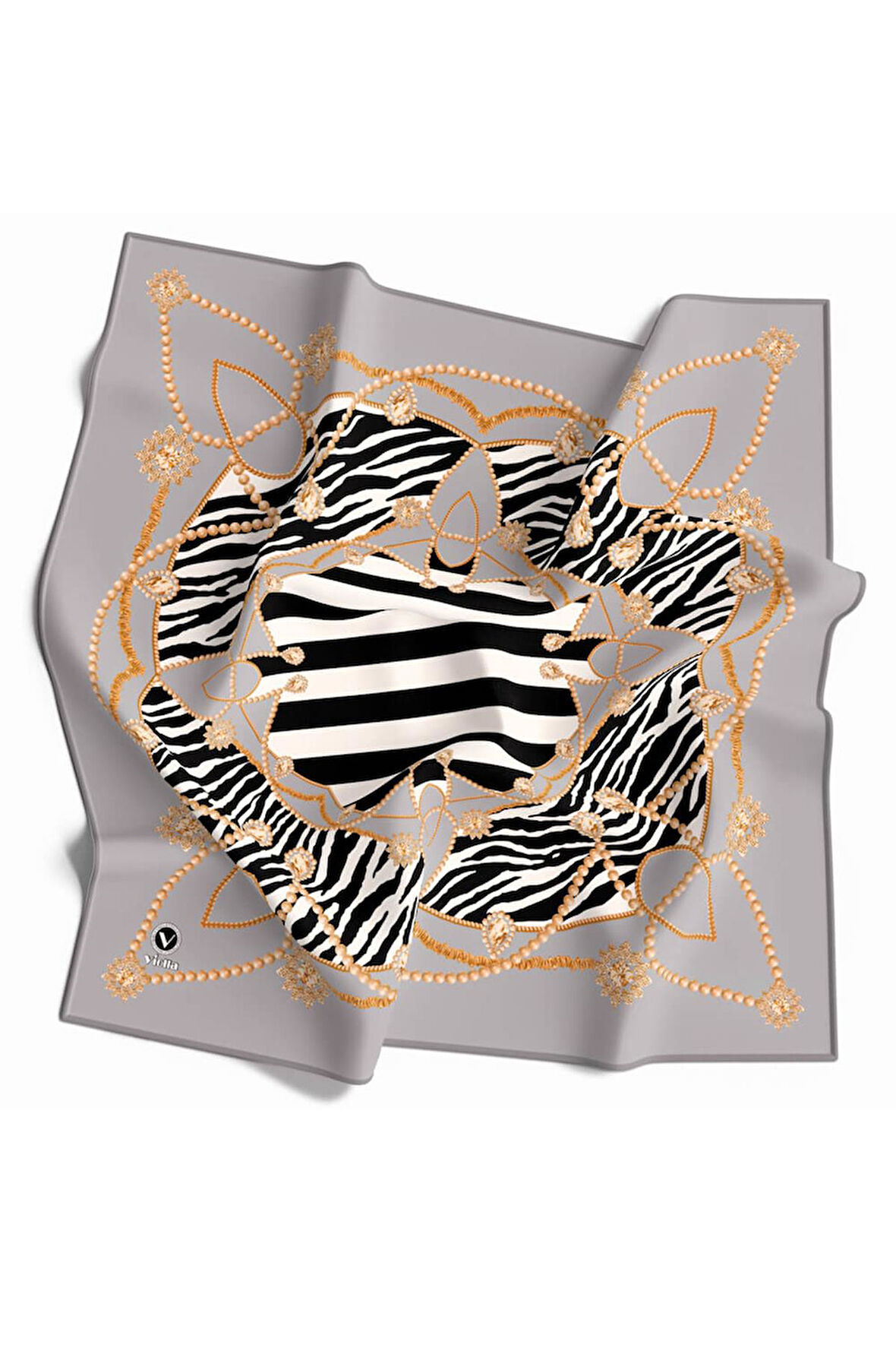 Twill Gold Detaylı Zebra Desenli Gümüş Renkli 90x90 Eşarp (İpek İçermez) Kenar Dikiş Şekli El Dikişli