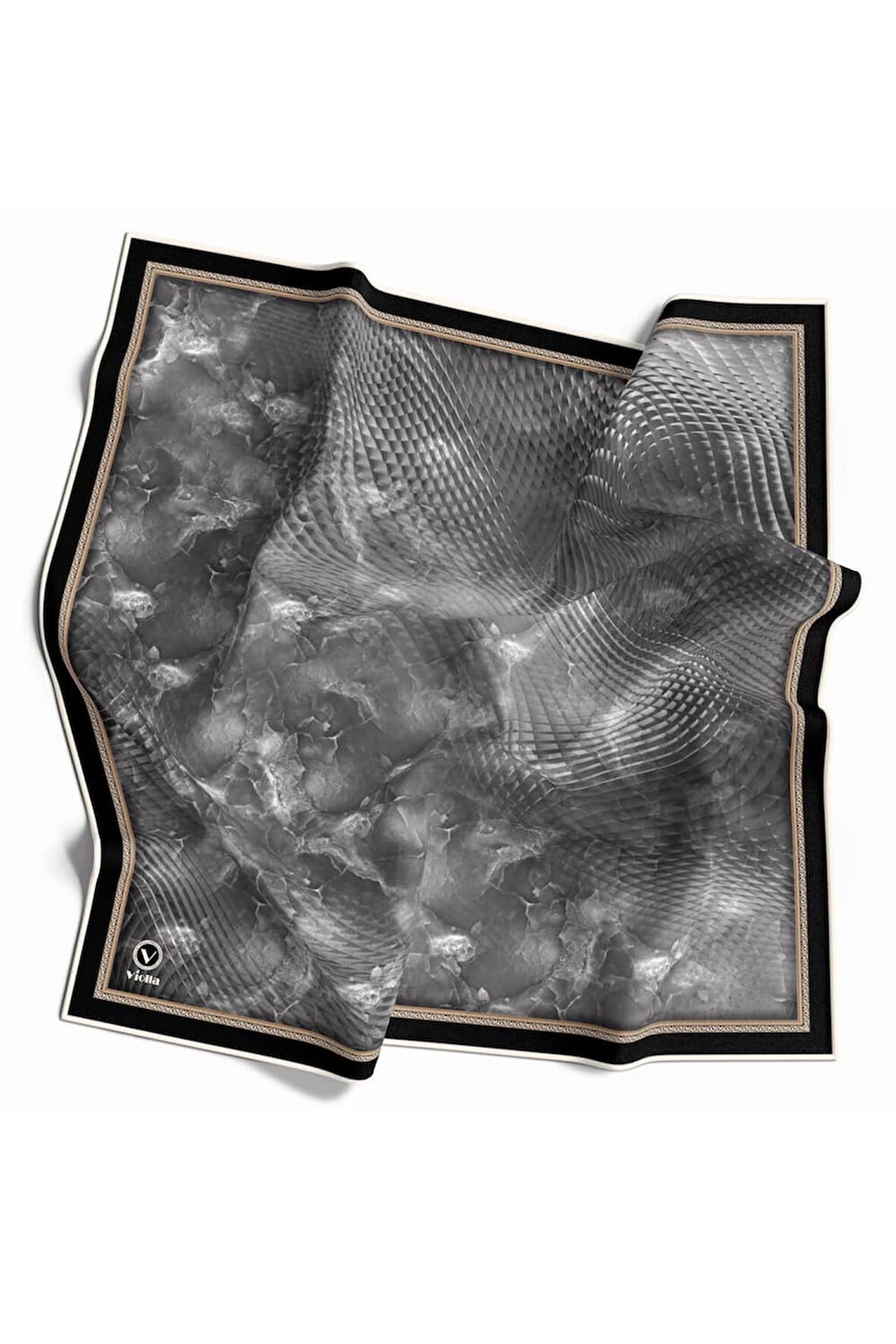 Twill Batik Desenli Siyah Renkli 90x90 Eşarp (İpek İçermez) Kenar Dikiş Şekli El Dikişli