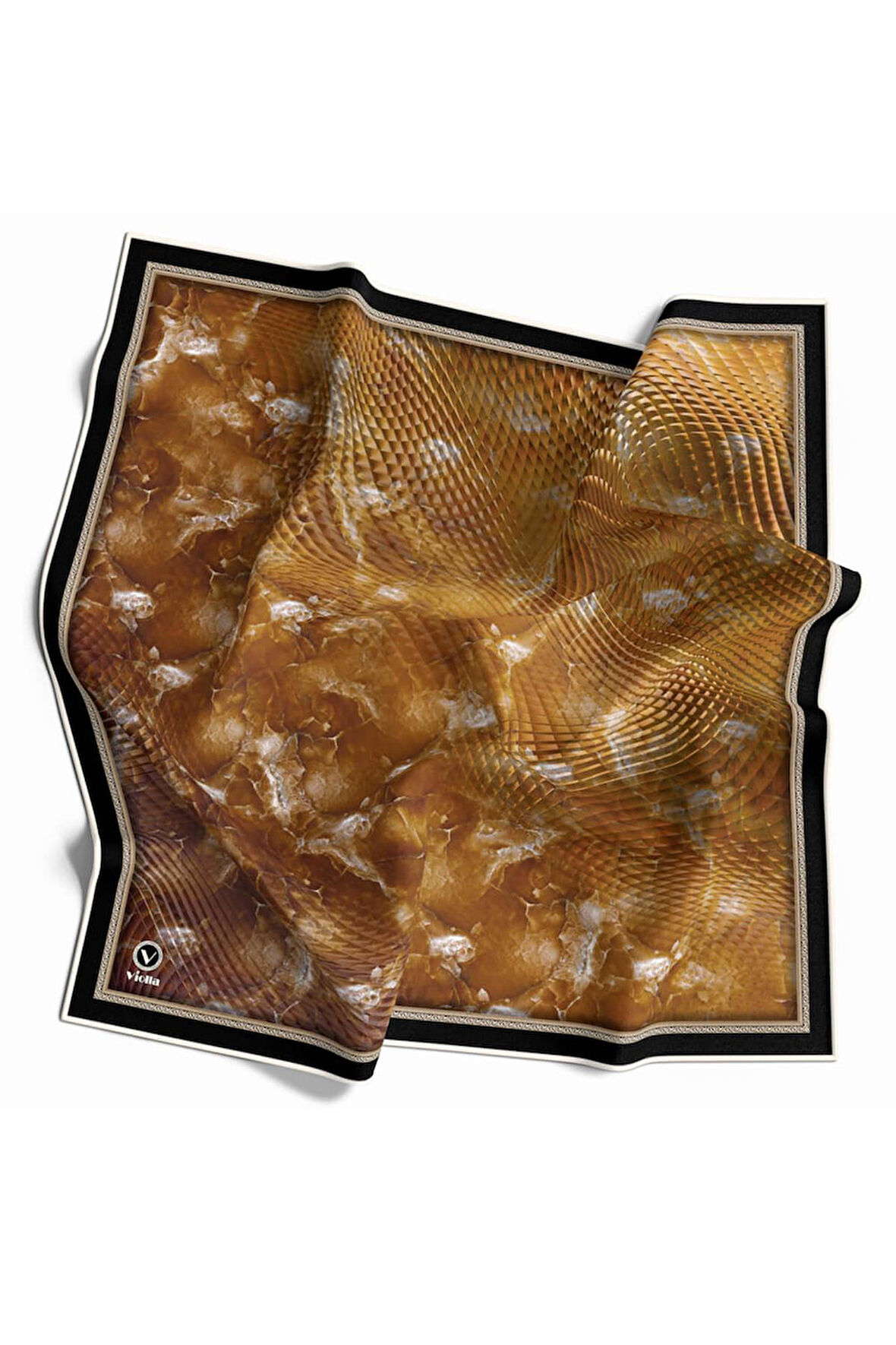 Twill Batik Desenli Hardal Renkli 90x90 Eşarp (İpek İçermez) Kenar Dikiş Şekli El Dikişli