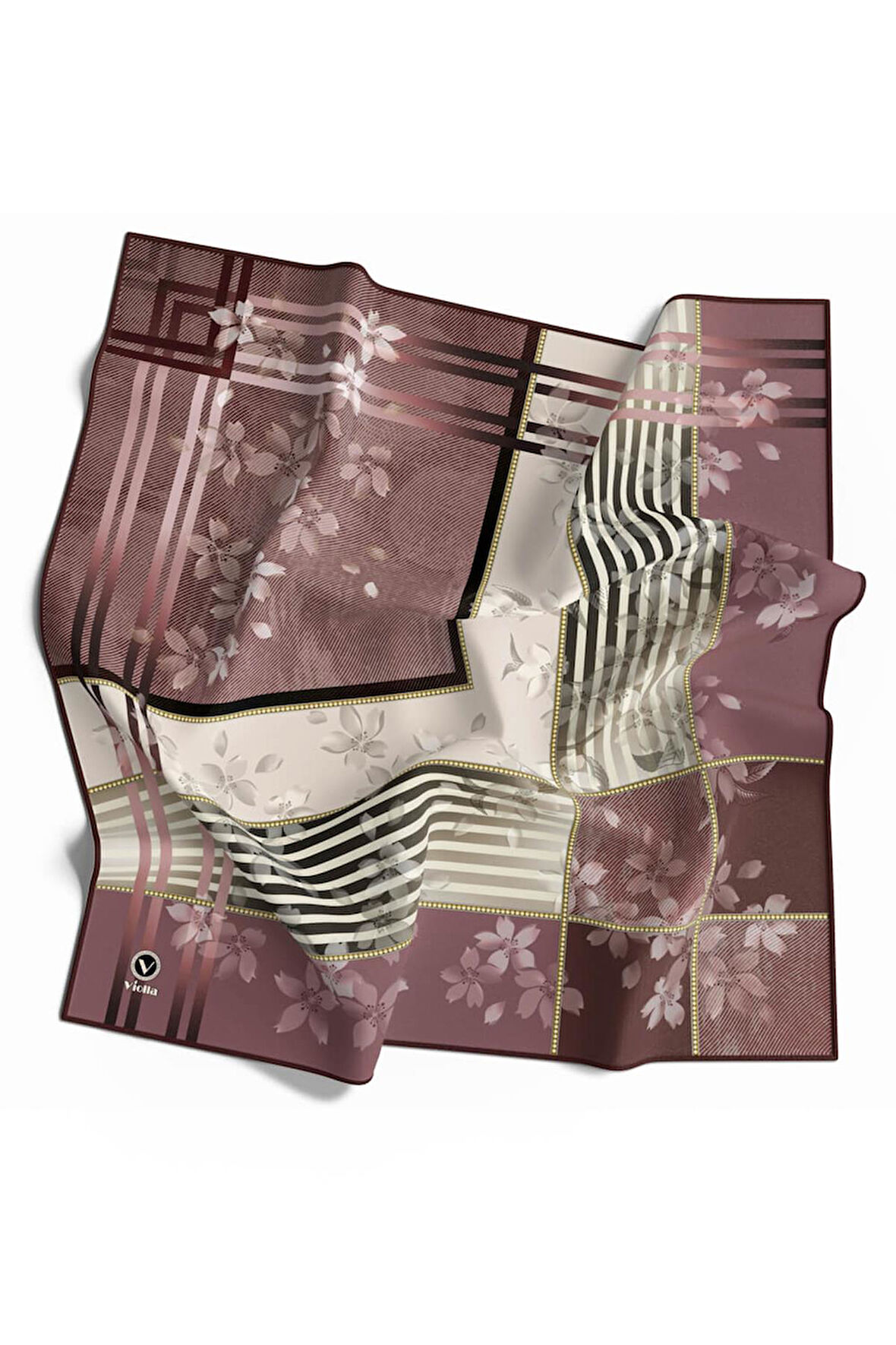 Twill Çiçek Desenli Gül Kurusu Renkli 90x90 Eşarp (İpek İçermez) Kenar Dikiş Şekli El Dikişli