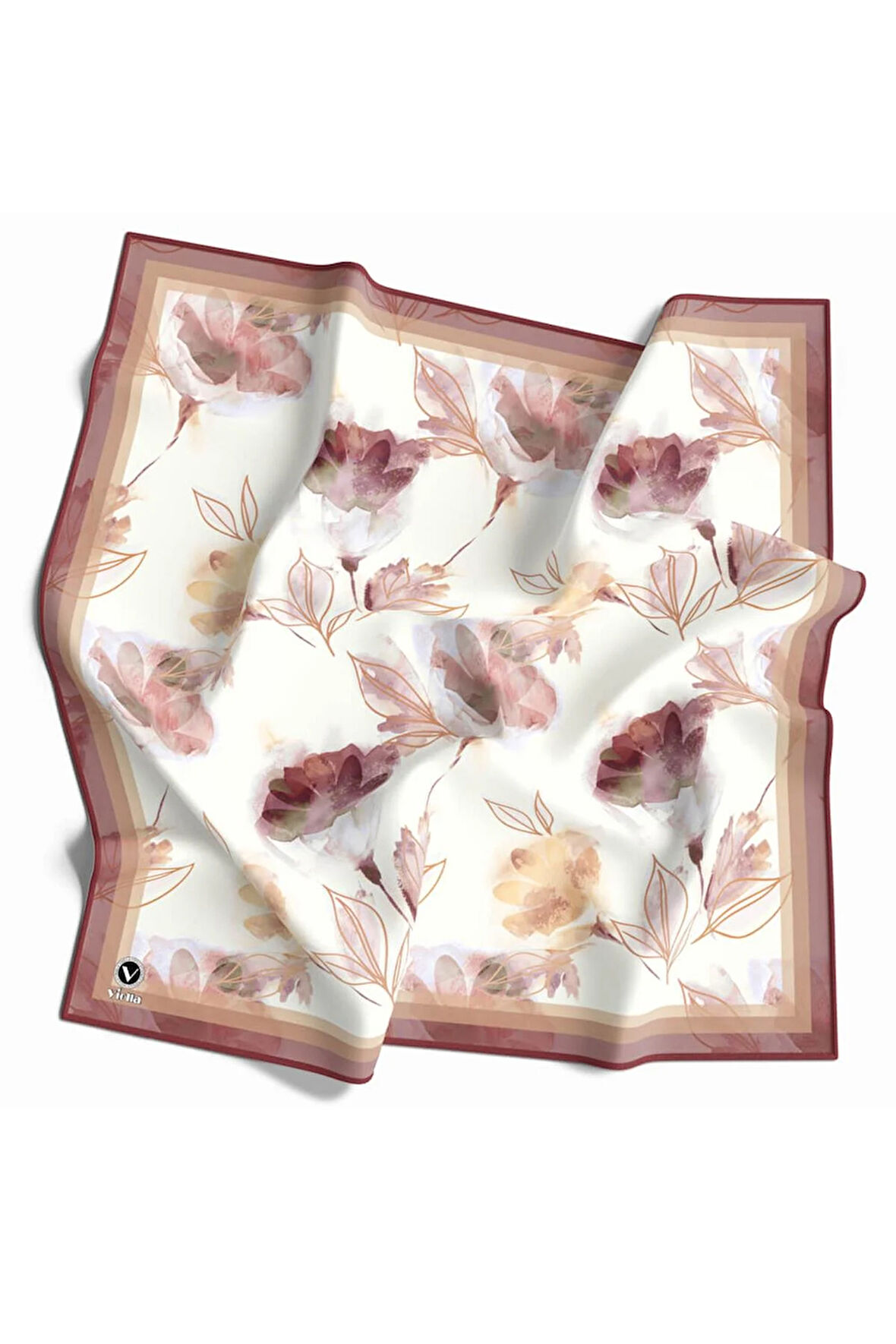 Twill Suluboya Çiçek Desenli Gül Kurusu Renkli 90x90 Eşarp (İpek İçermez) Kenar Dikiş Şekli El Dikişli