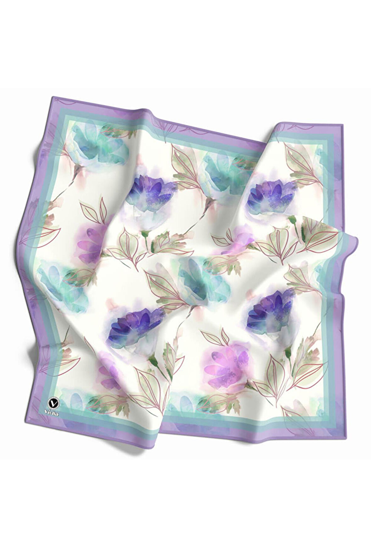 Twill Suluboya Çiçek Desenli Mint Yeşili Renkli 90x90 Eşarp (İpek İçermez) Kenar Dikiş Şekli El Dikişli