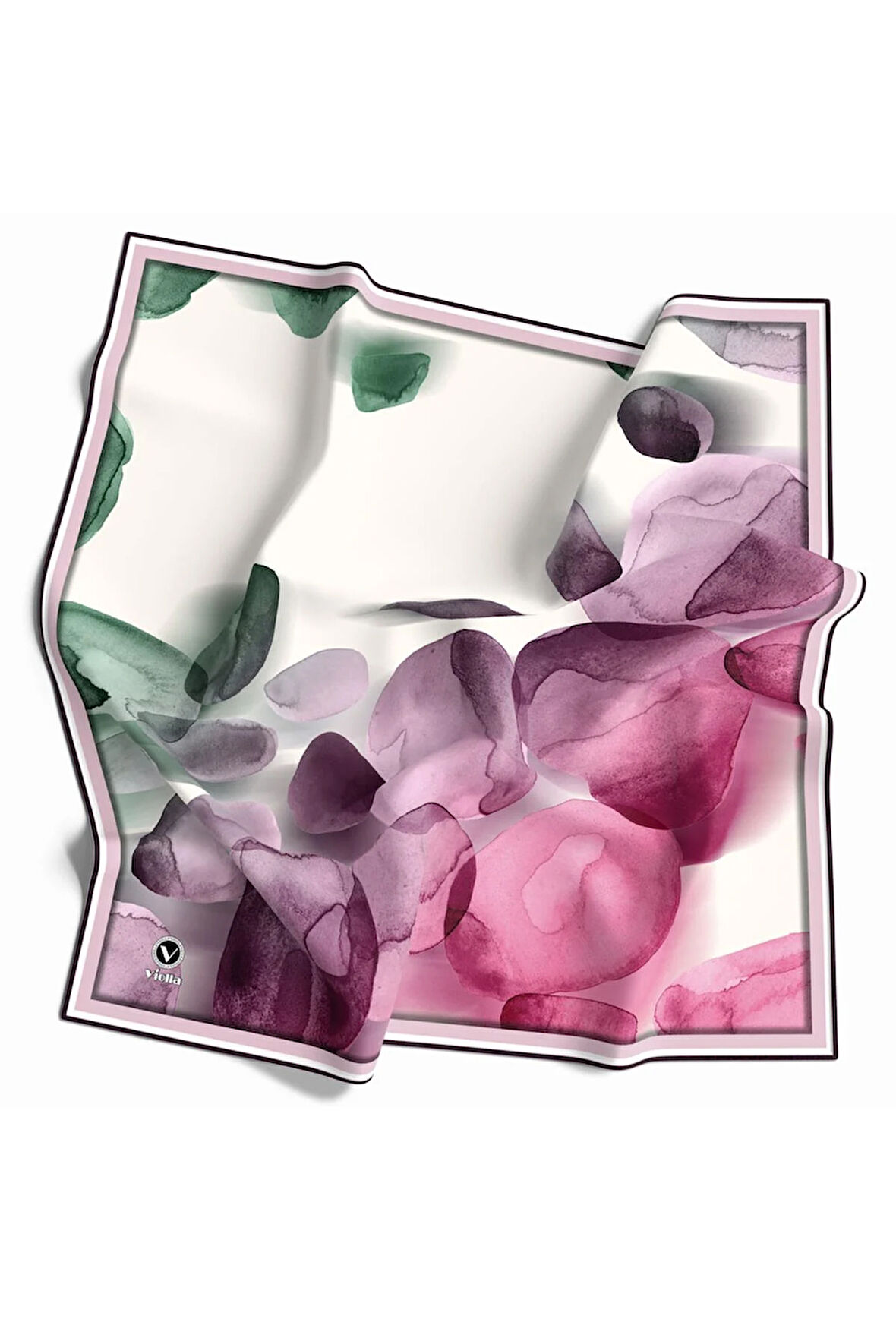 Twill Sulu Boya Desenli Mürdüm - Fuşya Renkli 90x90 Eşarp (İpek İçermez) Kenar Dikiş Şekli El Dikişli