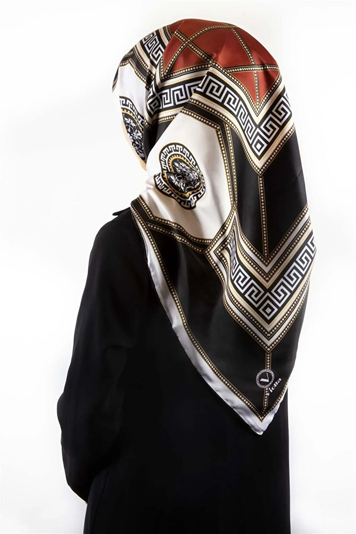 Twill Barok Desenli Taba Renkli 90x90 Eşarp (İpek İçermez) Kenar Dikiş Şekli El Dikişli