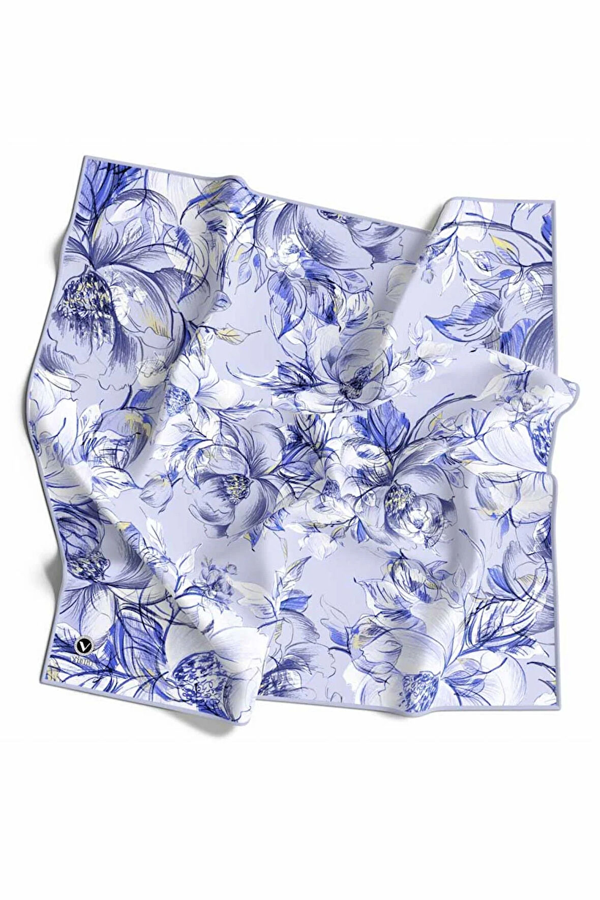 Rayon Güllerin İçinden Desenli İndigo Renkli 90x90 Eşarp (İpek İçermez) Kenar Dikiş Şekli El Dikişli