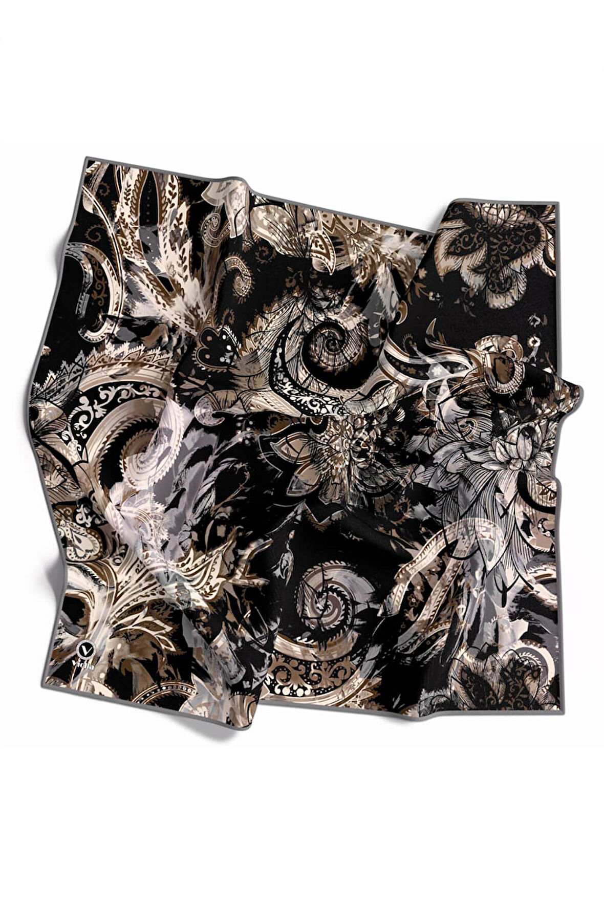 Twill Şal Desenli Gri Renkli 90x90 Eşarp (İpek İçermez) Kenar Dikiş Şekli El Dikişli