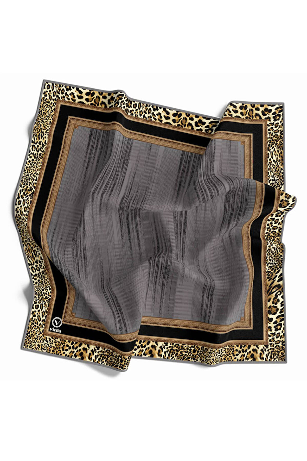 Soft Leopar Bordür Desenli Gri Renkli 90x90 Eşarp (İpek İçermez) Kenar Dikiş Şekli El Dikişli