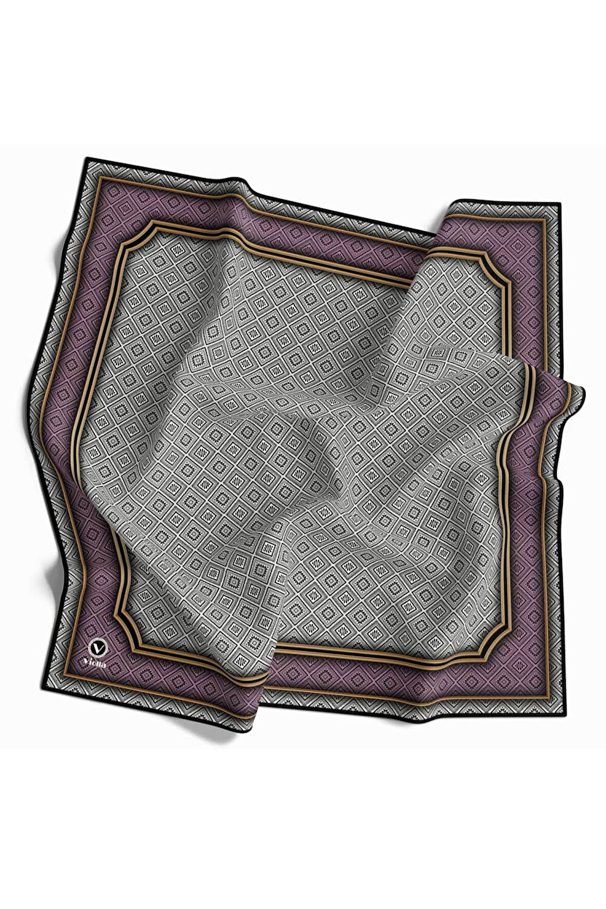 Twill Geometrik Çıtır Desenli Lila Renkli 90x90 Eşarp (İpek İçermez) Kenar Dikiş Şekli El Dikişli