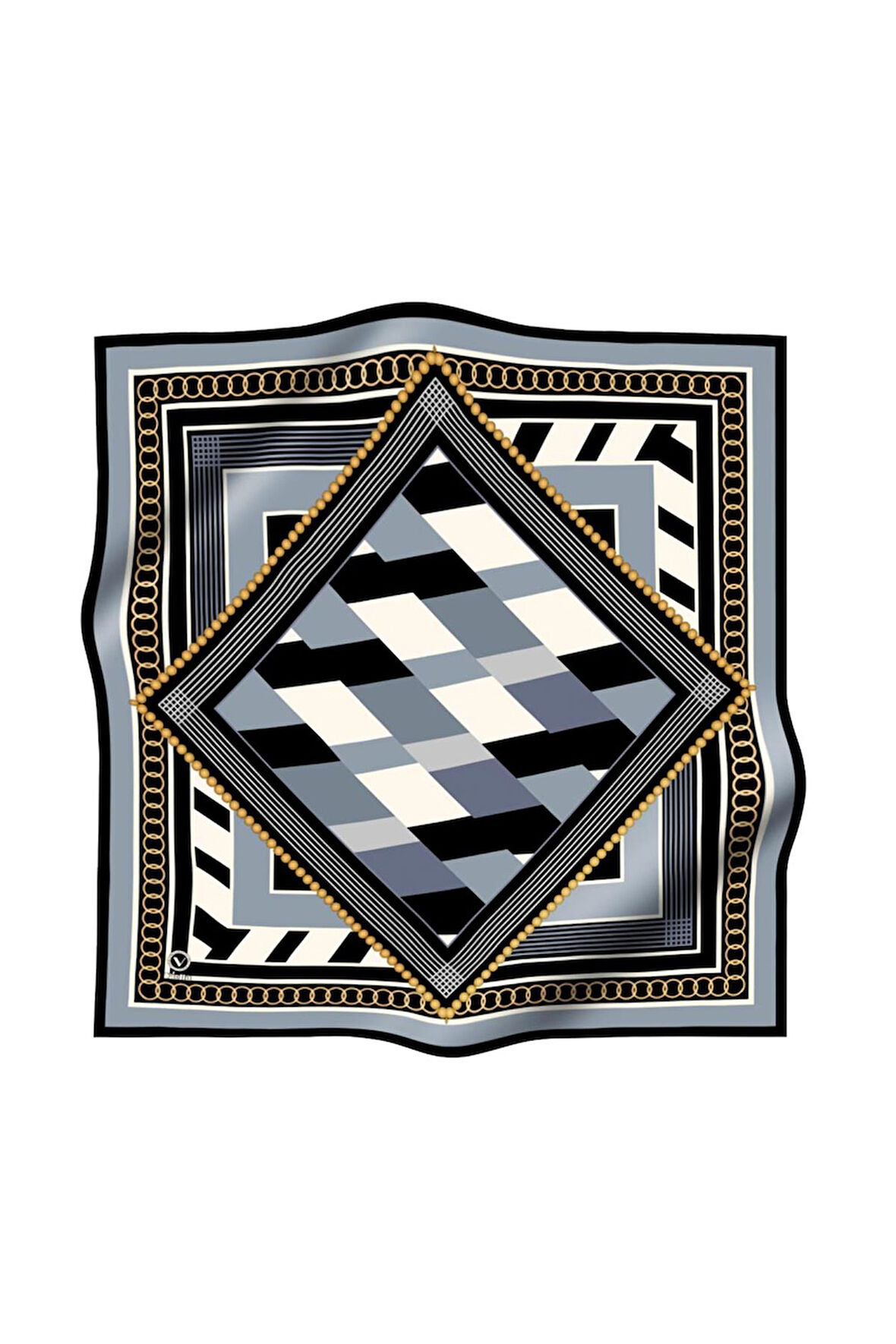 Soft Geometrik Desenli İndigo Renkli 90x90 Eşarp (İpek İçermez) Kenar Dikiş Şekli El Dikişli