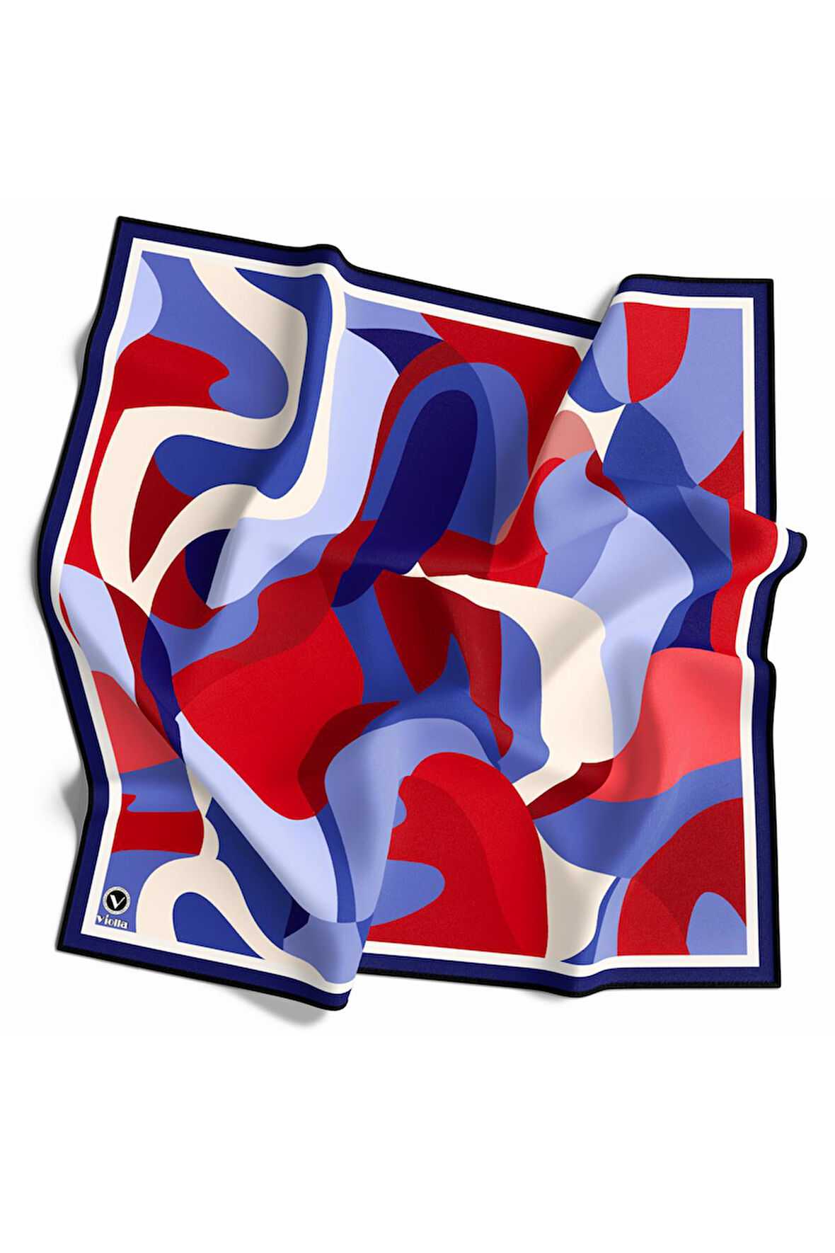 Twill Sulu Boyalı Çiçek Desenli Lacivert - Kırmızı Renkli 90x90 Eşarp (İpek İçermez) Dikim Şekli : El Dikişi