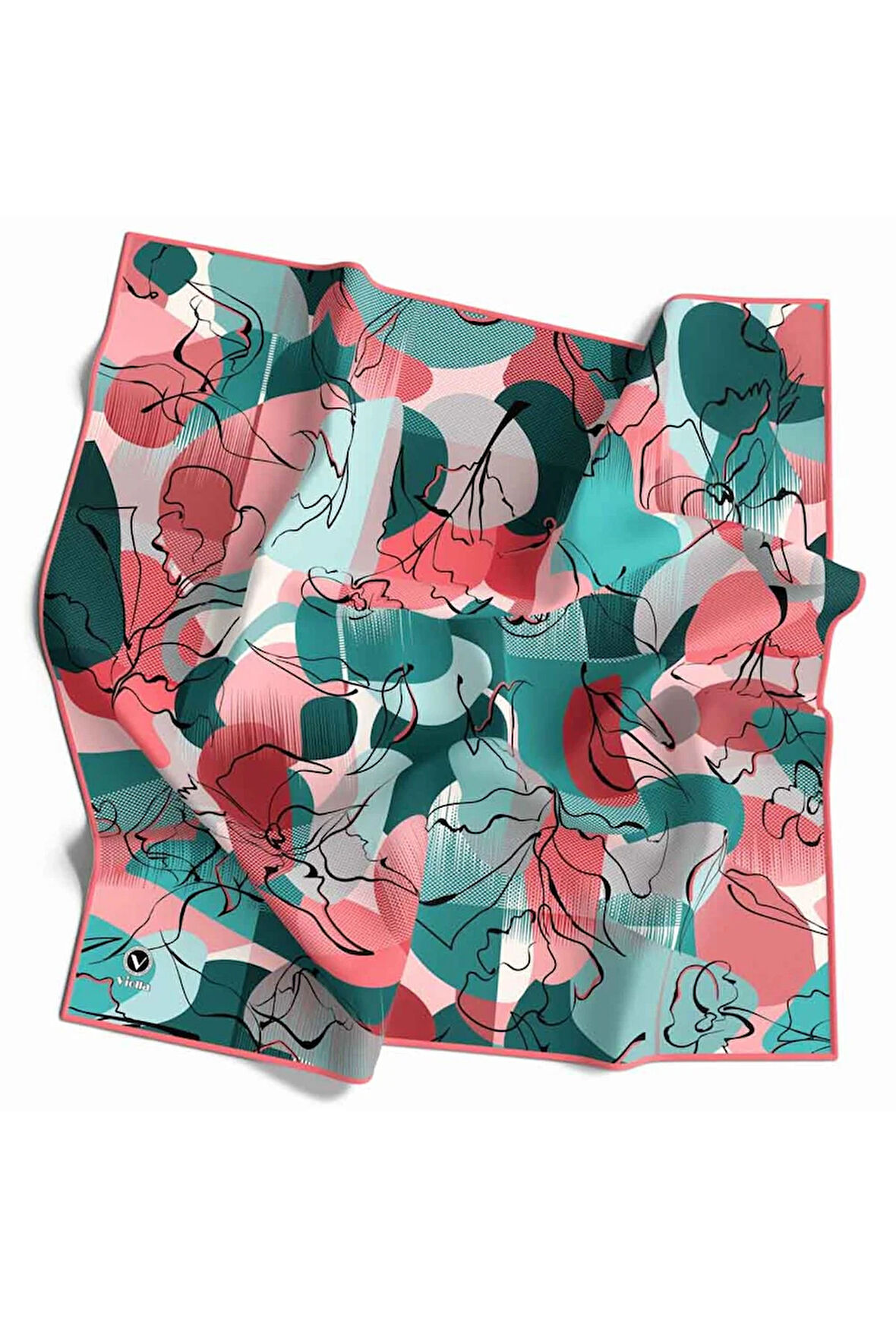 Pamuksu Batikli Ve Çiçek Desenli Nar Çiçeği Renkli 90x90 Soft Eşarp Kenar Dikiş Şekli El Dikişli