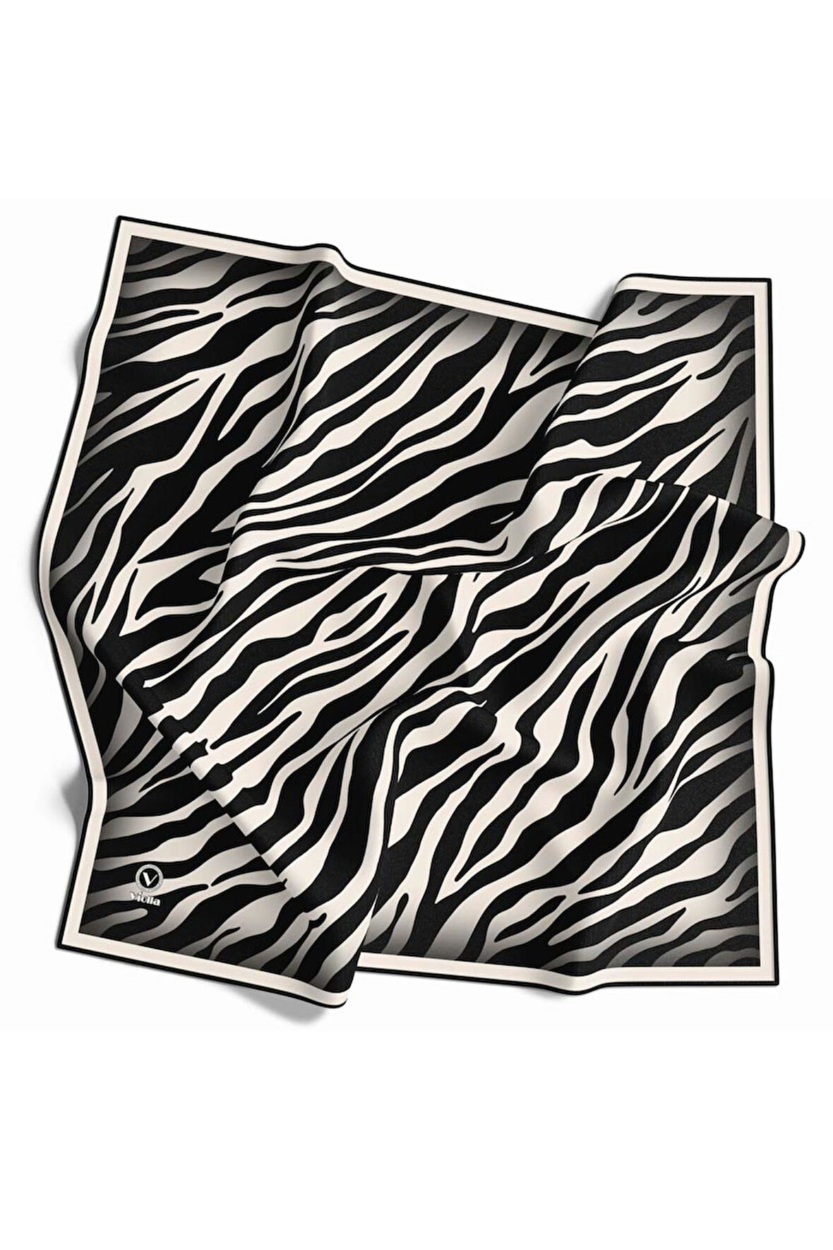 Kristal Zebra Desenli Krem - Siyah Renkli 90x90 Eşarp (İpek İçermez) Dikim Şekli : El Dikişi