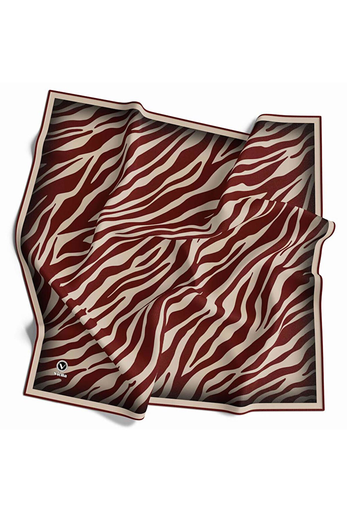 Kristal Zebra Desenli Bej - Bordo Renkli 90x90 Eşarp (İpek İçermez) Dikim Şekli : El Dikişi