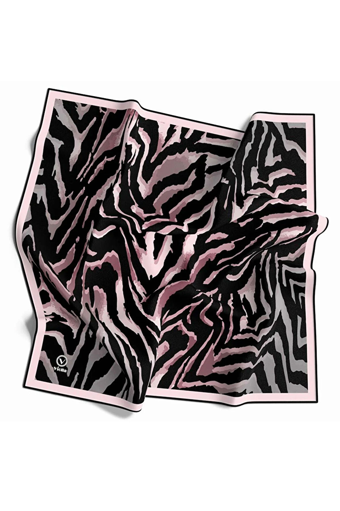 Kristal Zebra Desenli Pudra - Gri Renkli 90x90 Eşarp (İpek İçermez) Kenar Dikiş Şekli El Dikişli