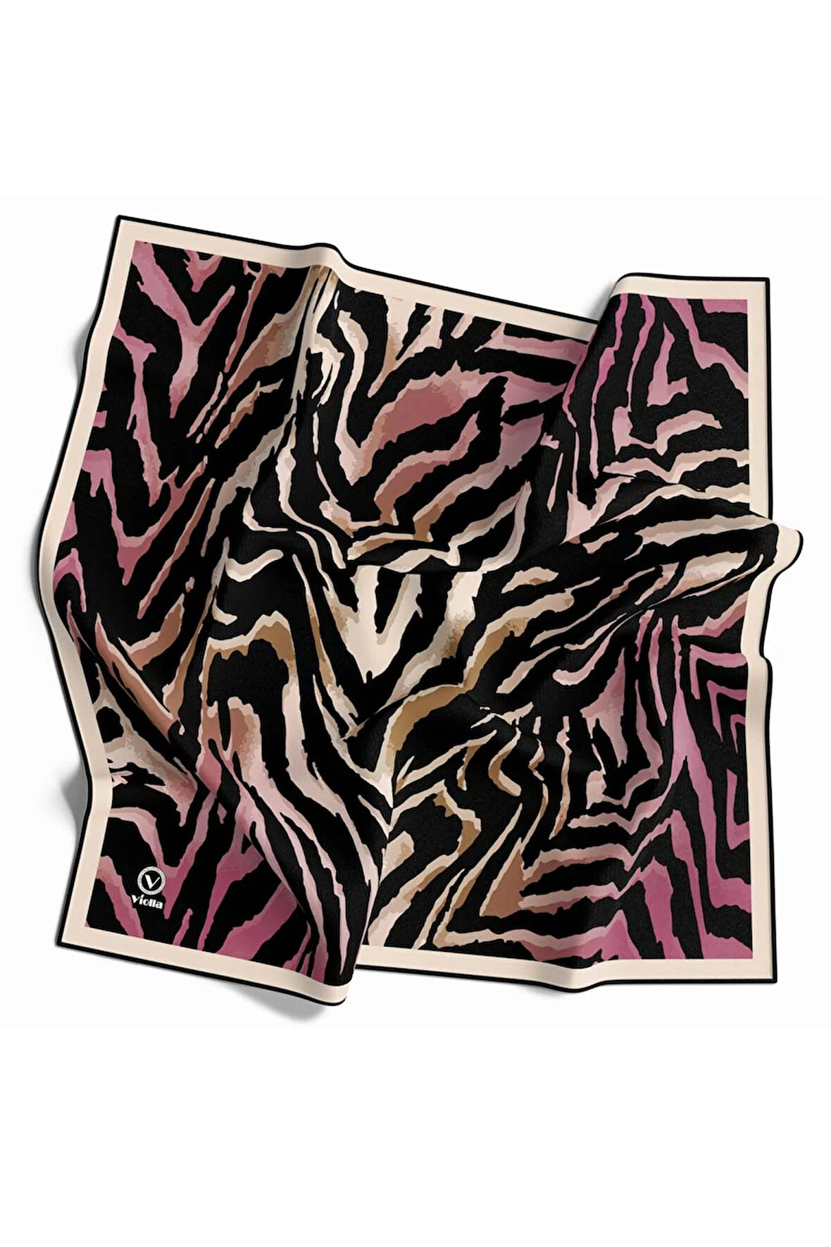 Kristal Zebra Desenli Gül Kurusu - Bej Renkli 90x90 Eşarp (İpek İçermez) Kenar Dikiş Şekli El Dikişli