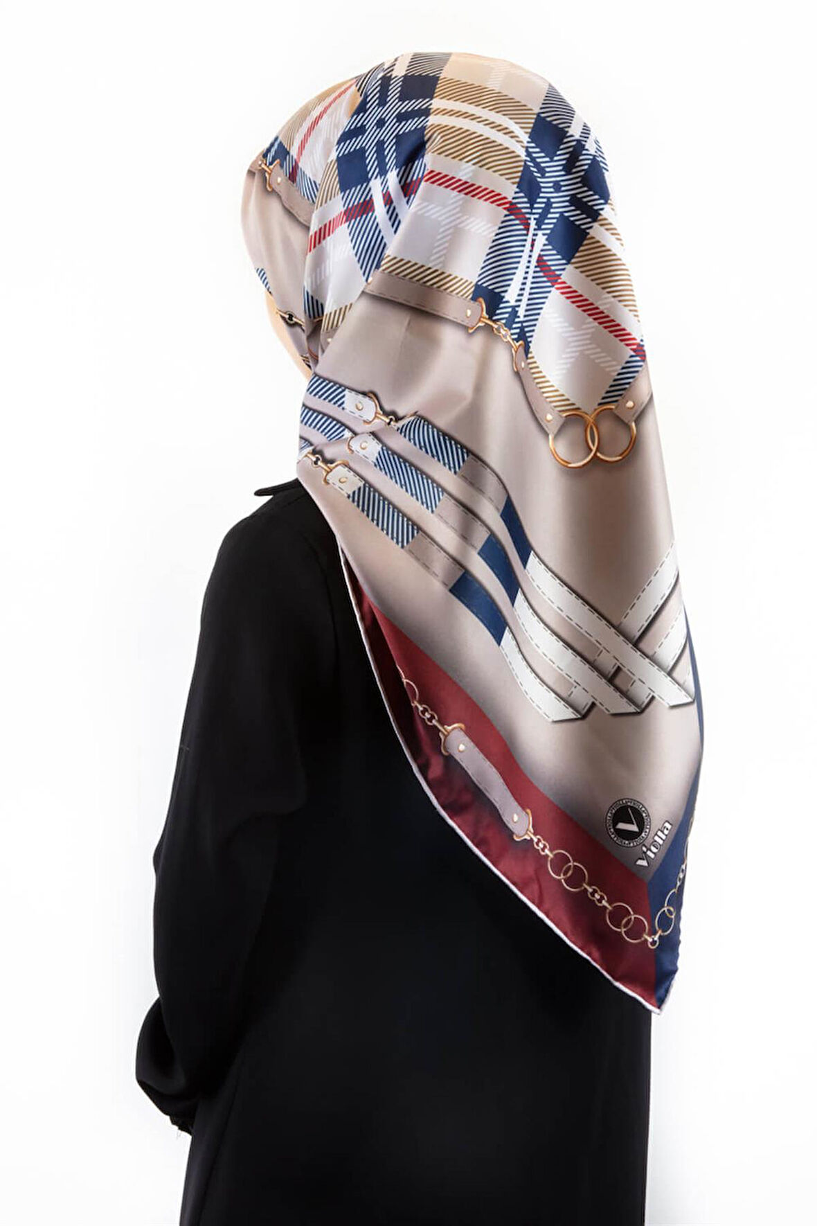 Twill Ekoseli Ve Zincir Desenli Bordo - Lacivert Renkli 90x90 Eşarp (İpek İçermez) Dikim Şekli : El Dikişi