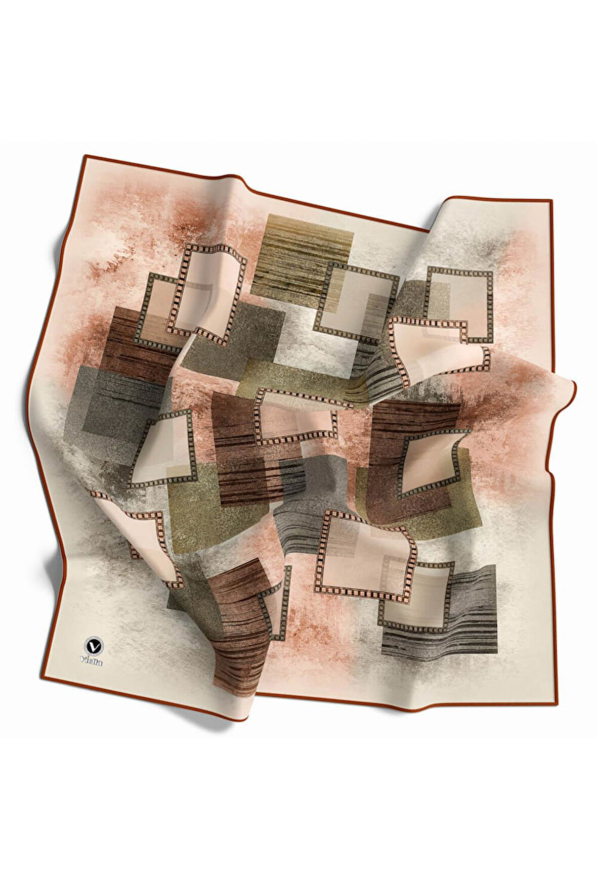 Twill Batik Desenli Taba Renkli 90x90 Eşarp (İpek İçermez) Kenar Dikiş Şekli El Dikişli