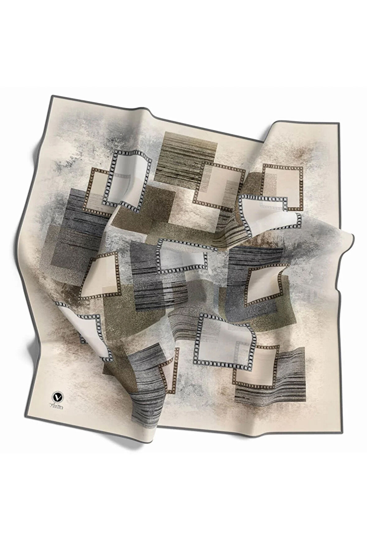 Twill Batik Desenli Gri Renkli 90x90 Eşarp (İpek İçermez) Kenar Dikiş Şekli El Dikişli