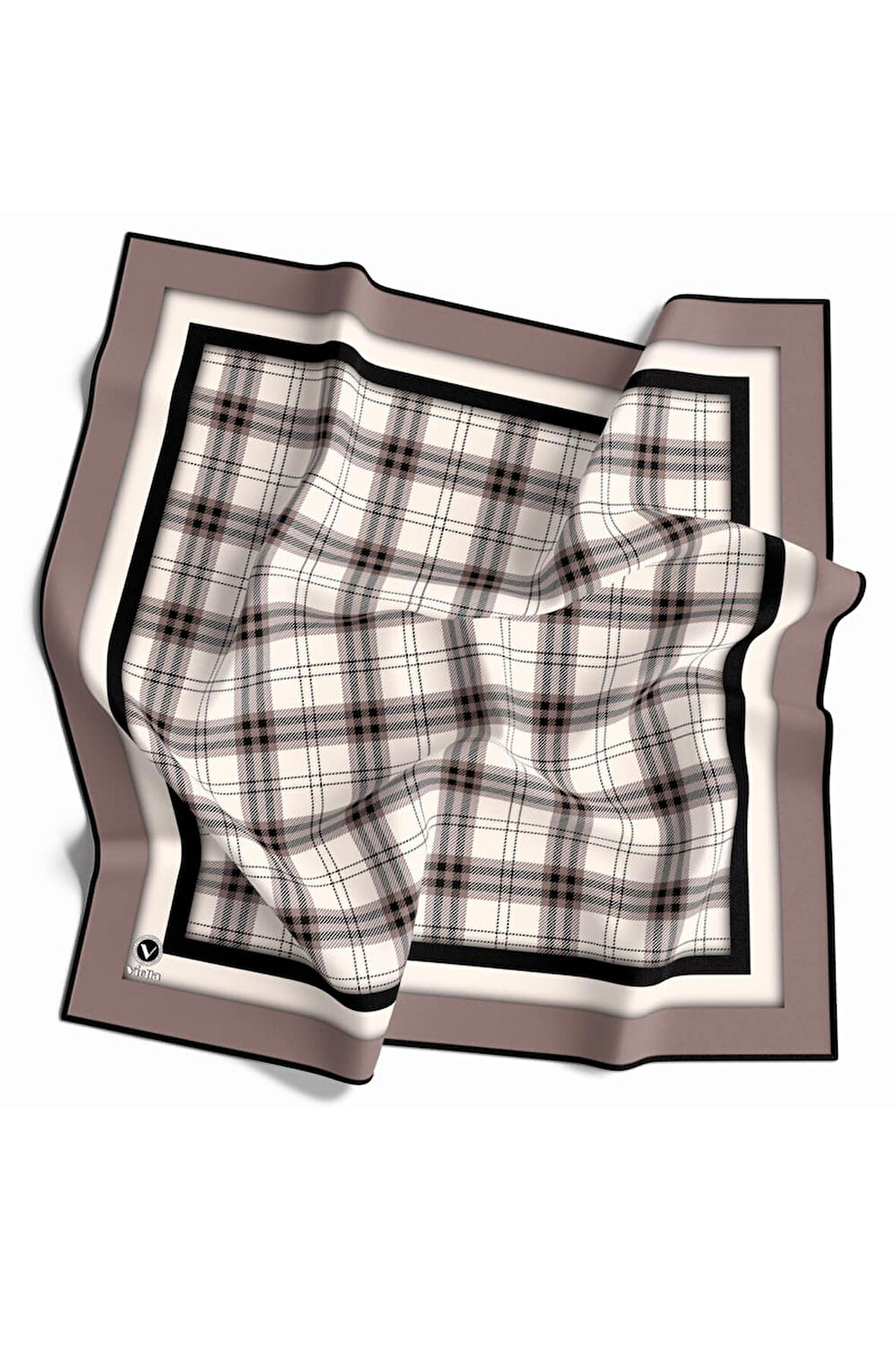 Twill Ekose Desenli Bej Renkli 90x90 Eşarp (İpek İçermez) Kenar Dikiş Şekli El Dikişli