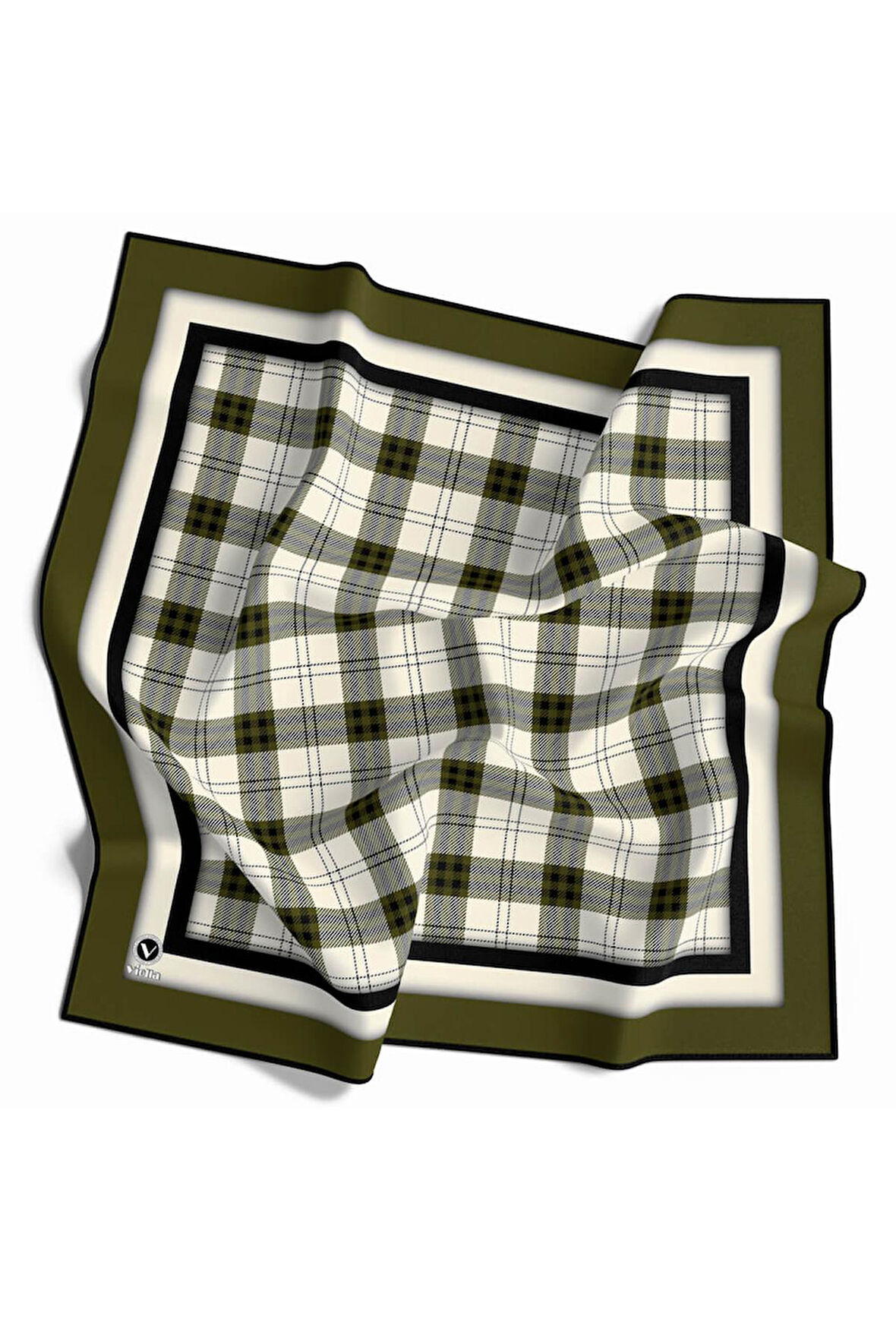 Twill Ekose Desenli Haki Renkli 90x90 Eşarp (İpek İçermez) Kenar Dikiş Şekli El Dikişli