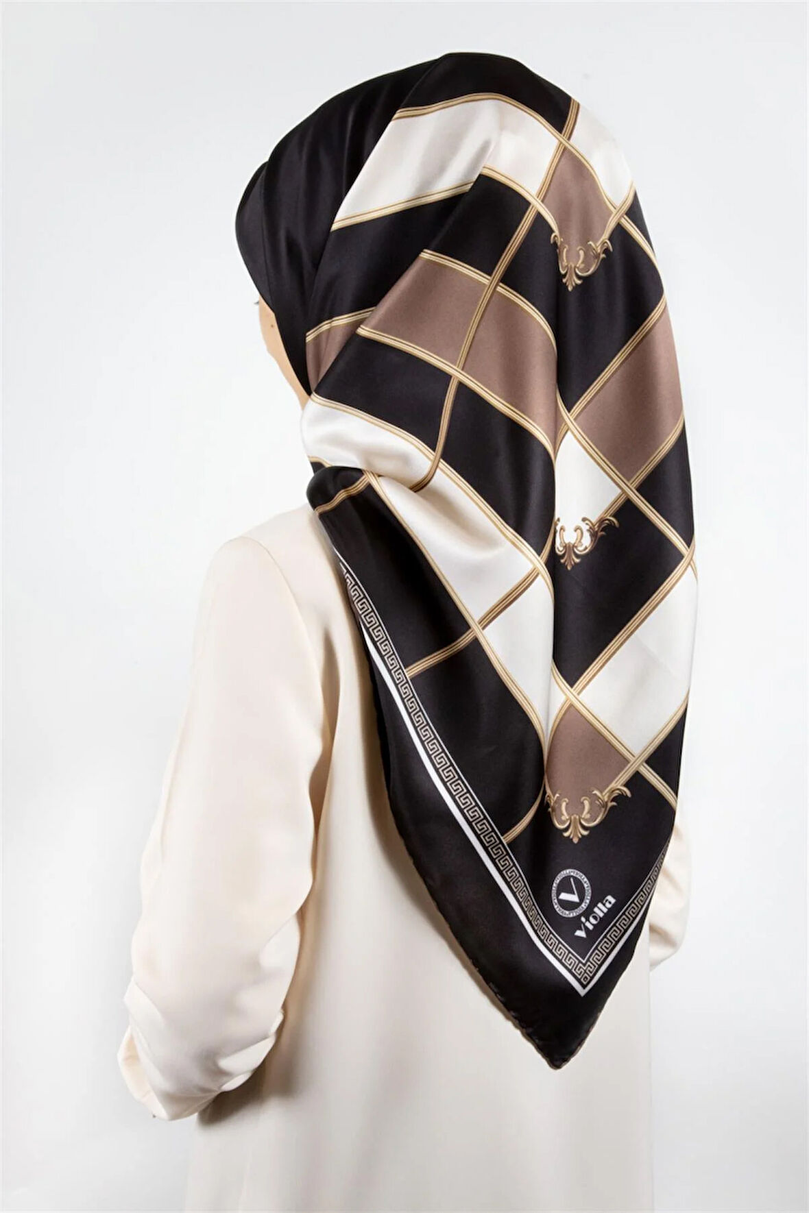 Twill Gold Detaylı Kareli Desenli Vizon Renkli 90x90 Eşarp (İpek İçermez) Kenar Dikiş Şekli El Dikişli