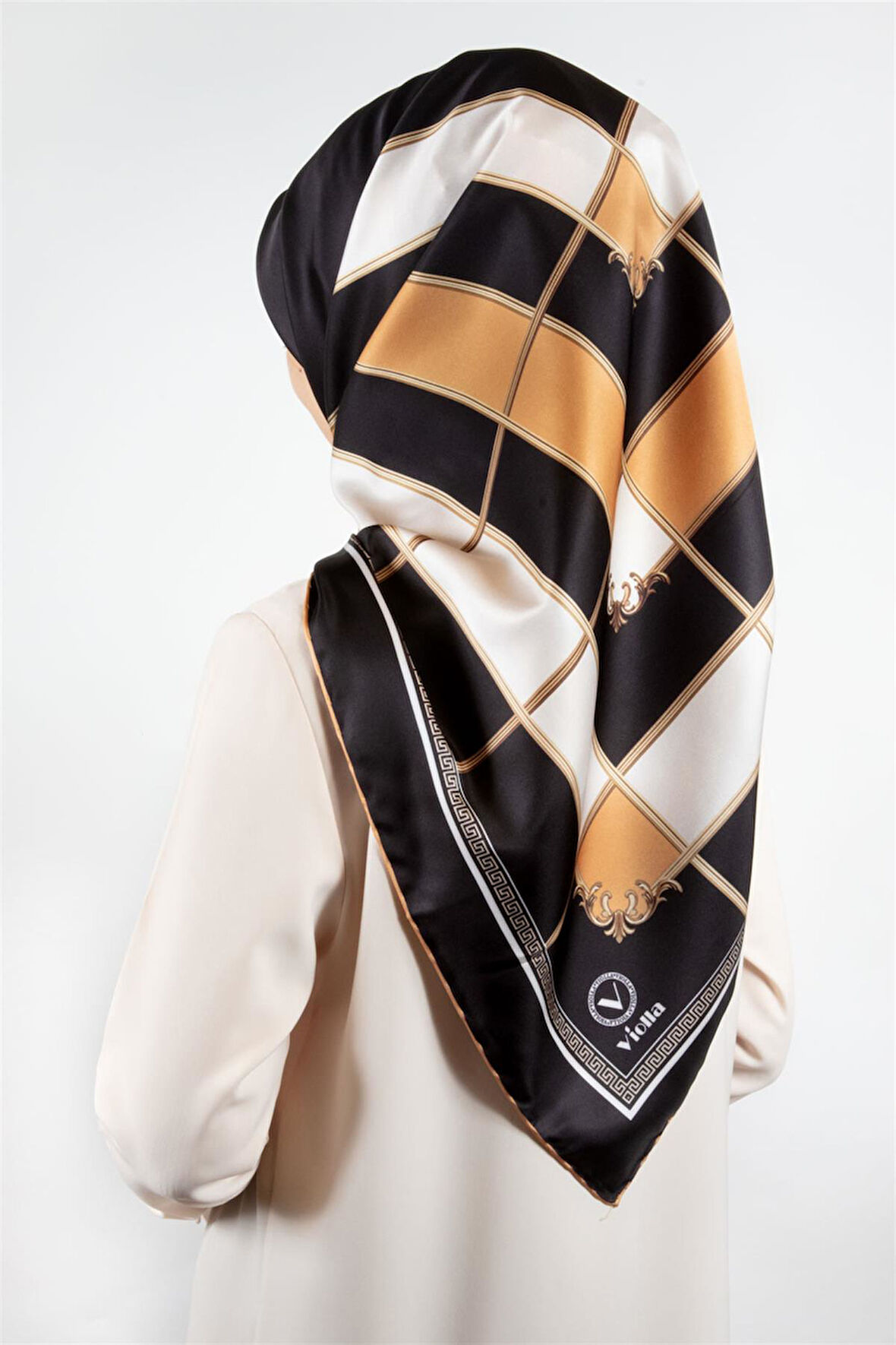 Twill Gold Detaylı Kareli Desenli Sarı Renkli 90x90 Eşarp (İpek İçermez) Kenar Dikiş Şekli El Dikişli