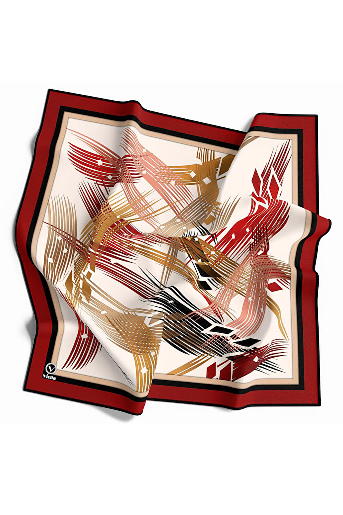 Twill Geometrik Desenli Bordo Renkli 90x90 Eşarp (İpek İçermez) Kenar Dikiş Şekli El Dikişli