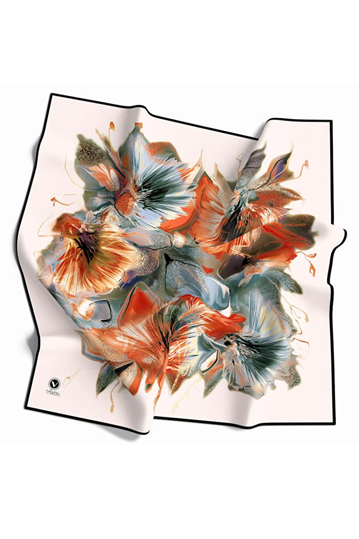 Twill Çiçek Desenli Turuncu Renkli 90x90 Eşarp (İpek İçermez) Kenar Dikiş Şekli El Dikişli