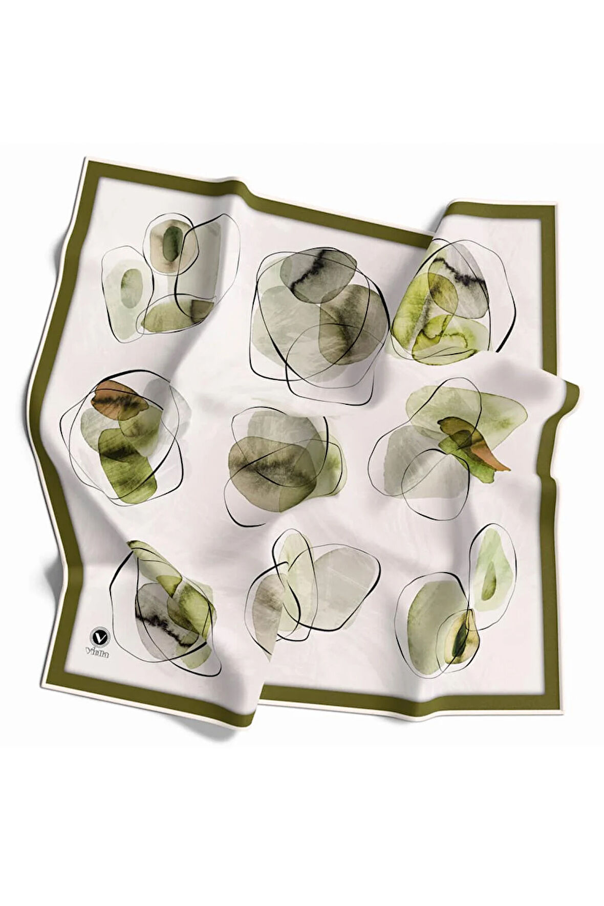 Twill Sulu Boya Geometrik Desenli Haki Renkli 90x90 Eşarp (İpek İçermez) Kenar Dikiş Şekli El Dikişli