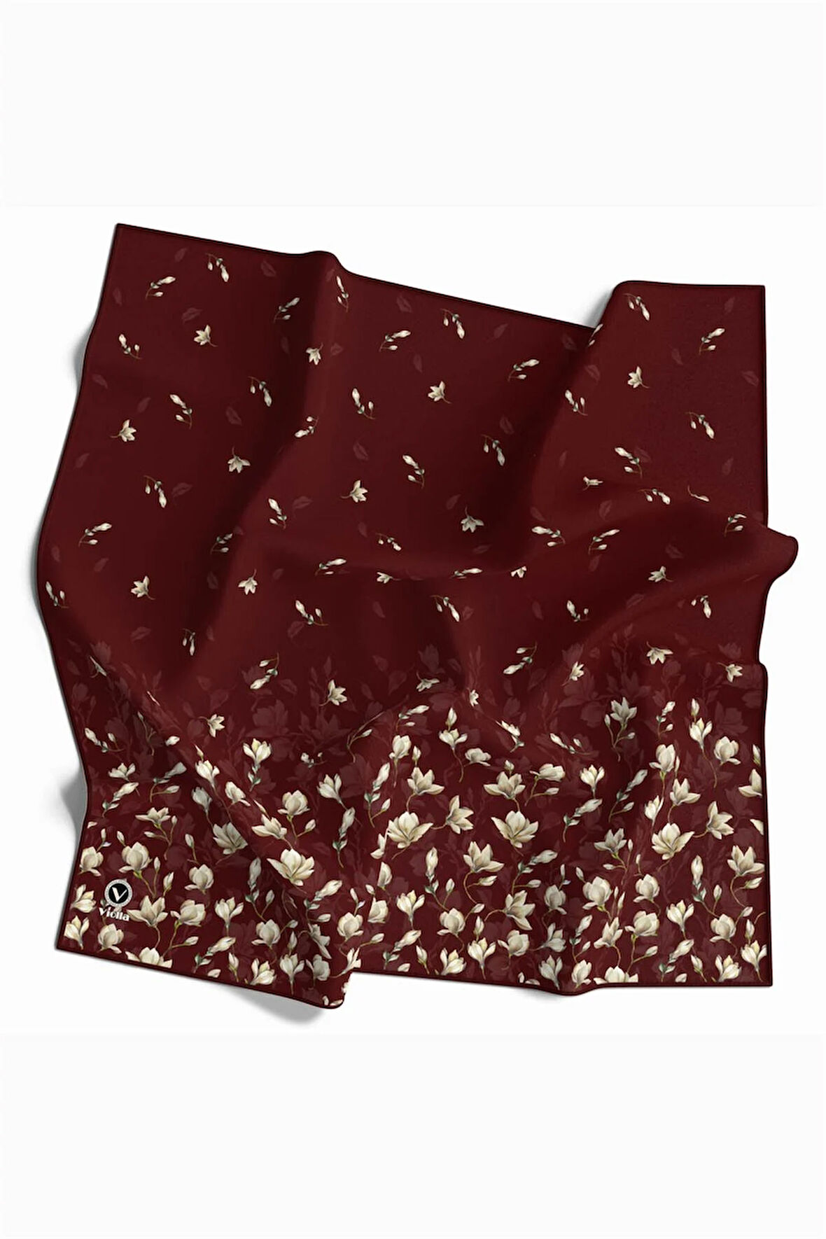 Kristal Çıtır Çiçek Desenli Bordo Renkli 90x90 Eşarp (İpek İçermez) Kenar Dikiş Şekli El Dikişli