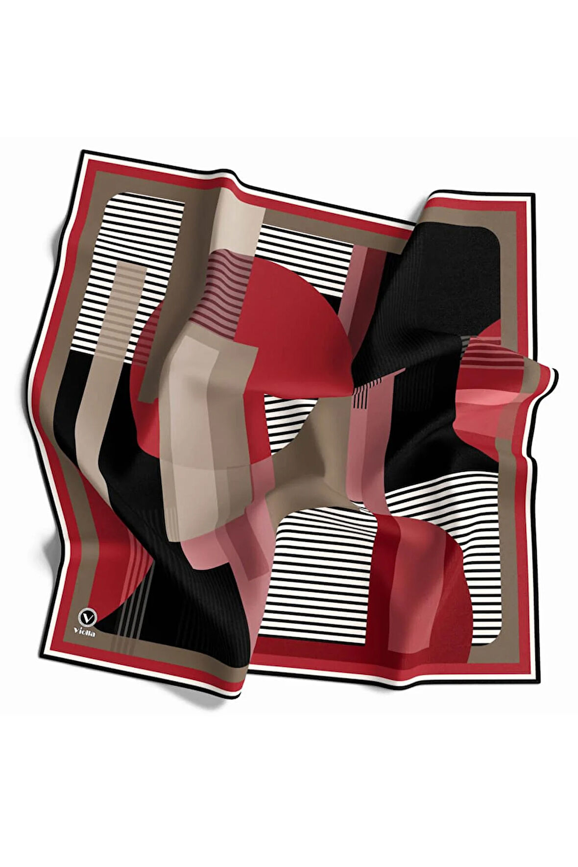 Twill Çizgili Ve Geometrik Desenli Bordo Renkli 90x90 Eşarp (İpek İçermez) Kenar Dikiş Şekli El Dikişli