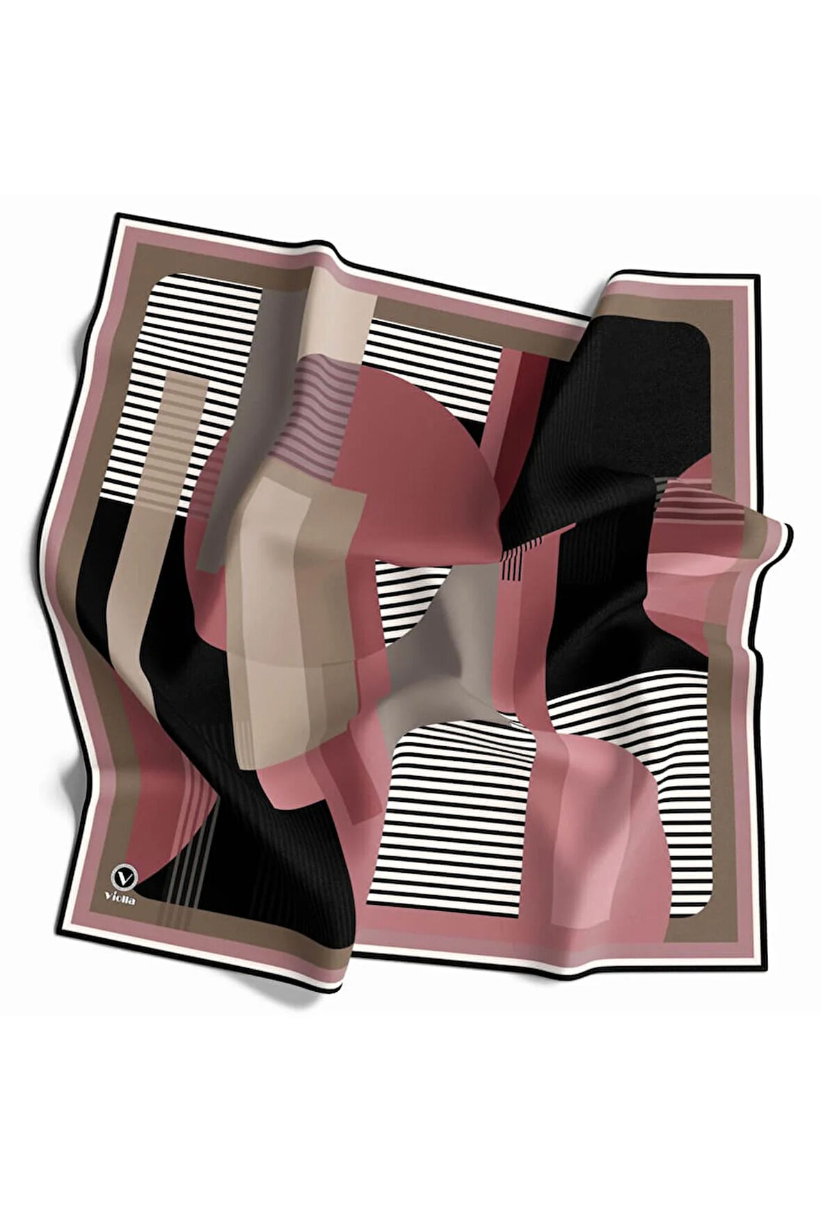 Twill Çizgili Ve Geometrik Desenli Pudra Renkli 90x90 Eşarp (İpek İçermez) Kenar Dikiş Şekli El Dikişli